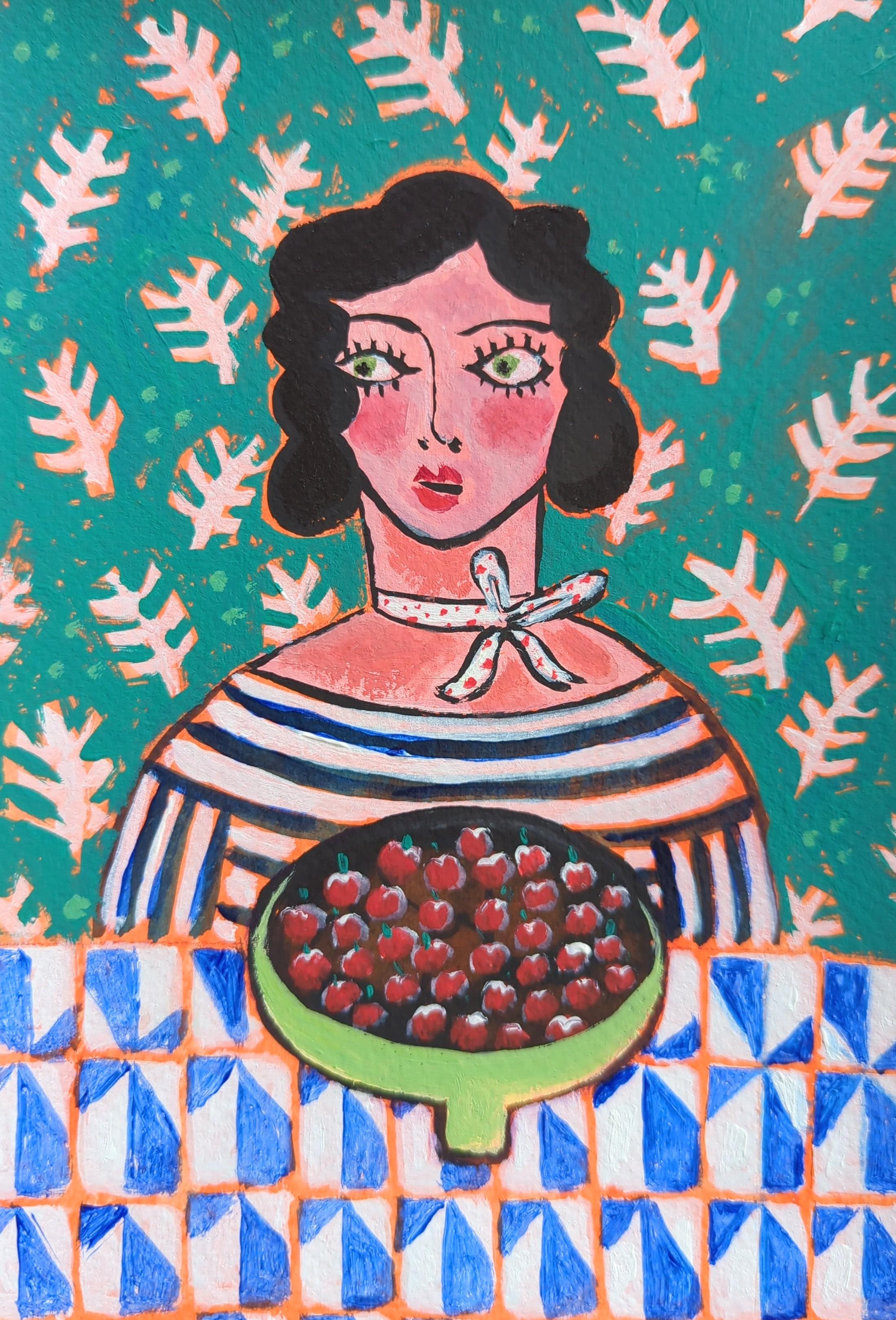 Colourful and witty portrait with lively patterns and still life elements. Painted in acrylic on paper and framed in a gorgeous chunky black wooden frame. A small painting with a big presence. framed size 24x31cm.

Additional information:
Acrylic