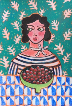 Life's a Bowl of Cherries, Papier, Gemälde Kerry Louise Bennett, naive Kunst