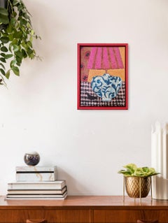 Qinghua Lamp on Gingham, interior art, floral art, original art, affordable art