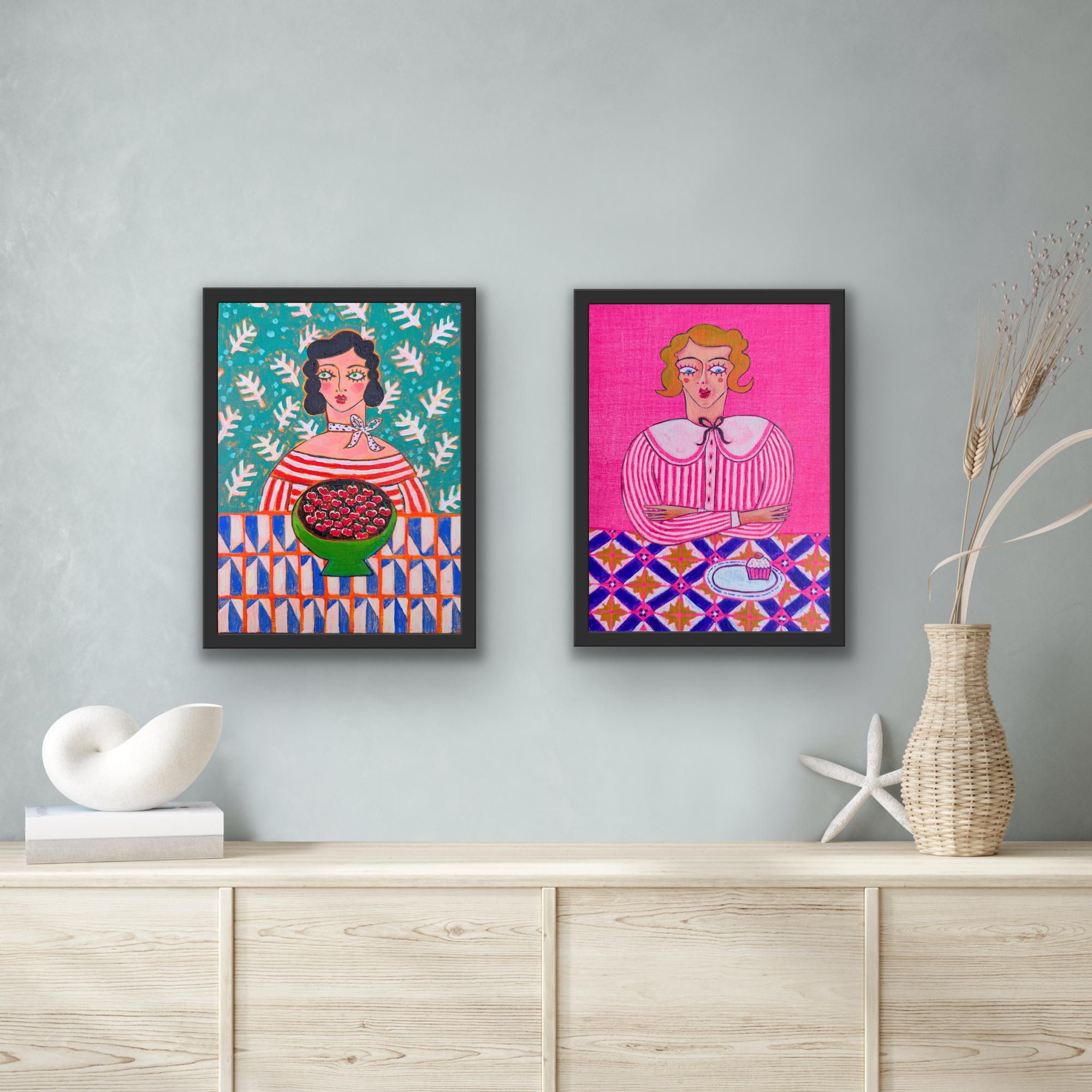 Kerry Louise Bennett Portrait Painting - Sweet as Cherry Pie 
Have your cake and eat it! Diptych, still-life