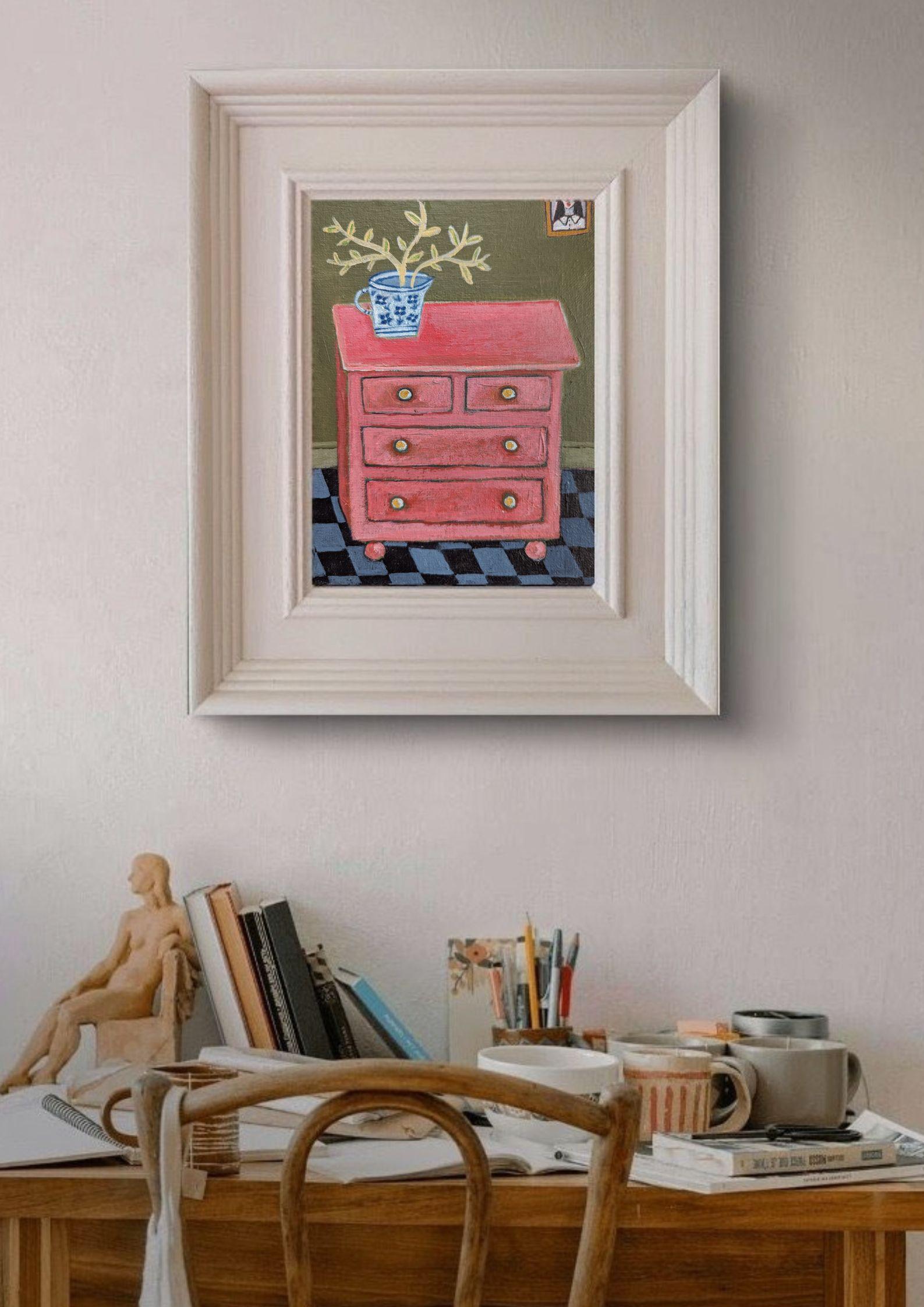 The Pink Chest, still-life, contemporary, original painting - Painting by Kerry Louise Bennett