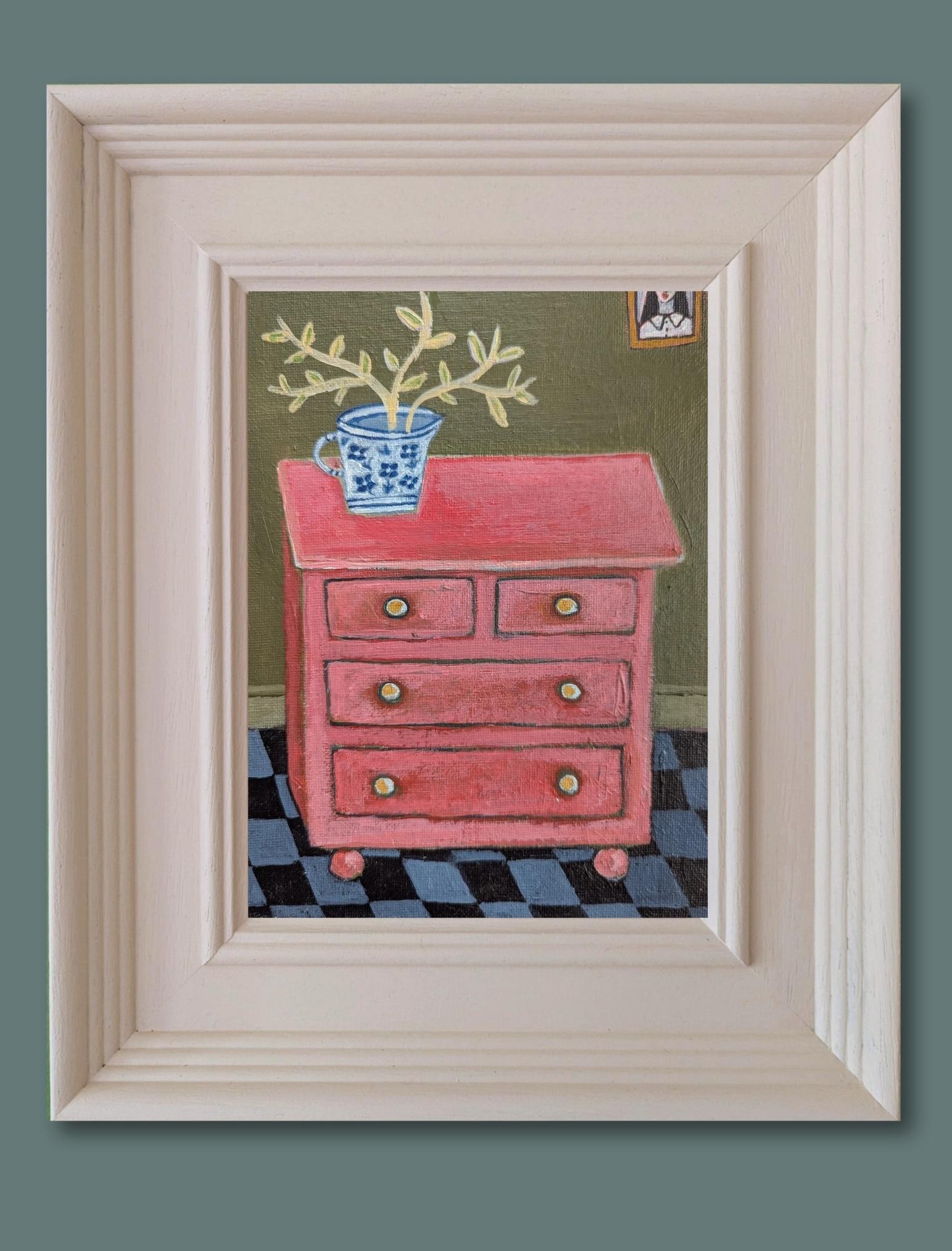 The Pink Chest, still-life, contemporary, original painting - Brown Portrait Painting by Kerry Louise Bennett