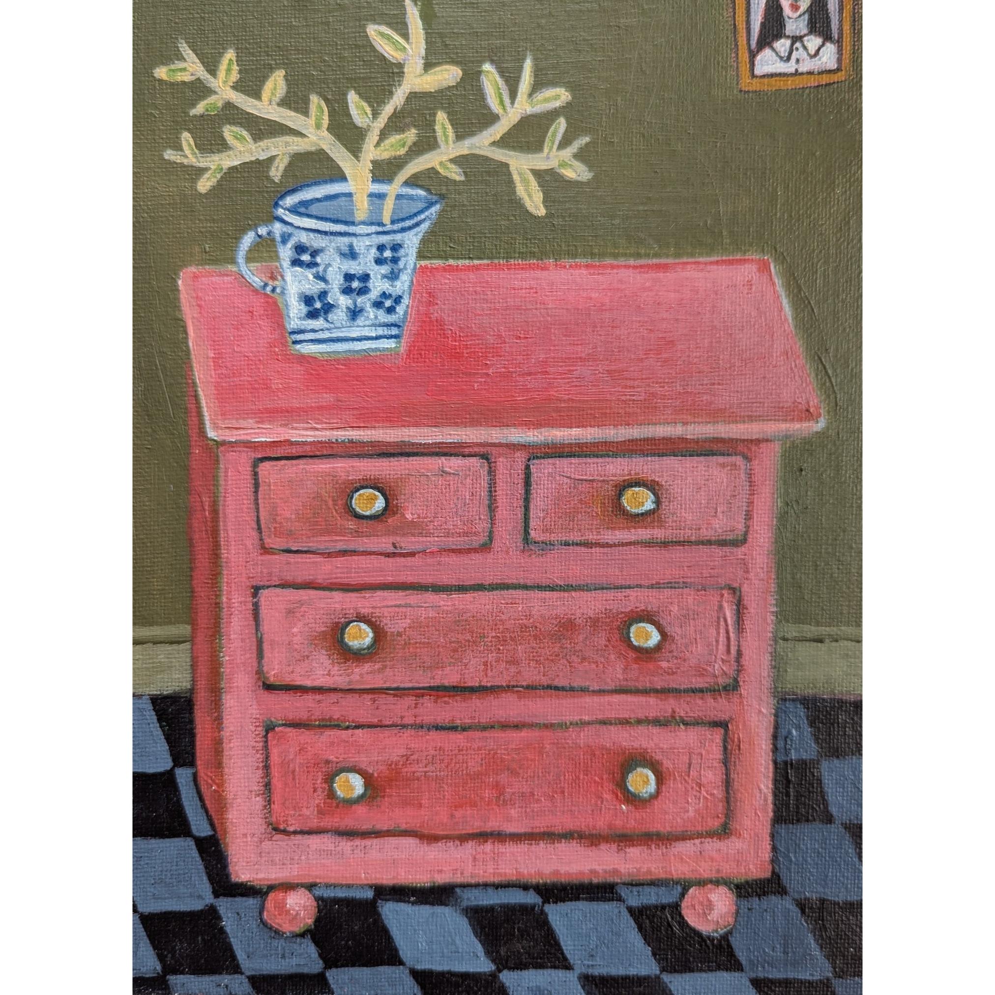 The Pink Chest, still-life, contemporary, original painting For Sale 1