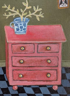 The Pink Chest, still-life, contemporary, original painting