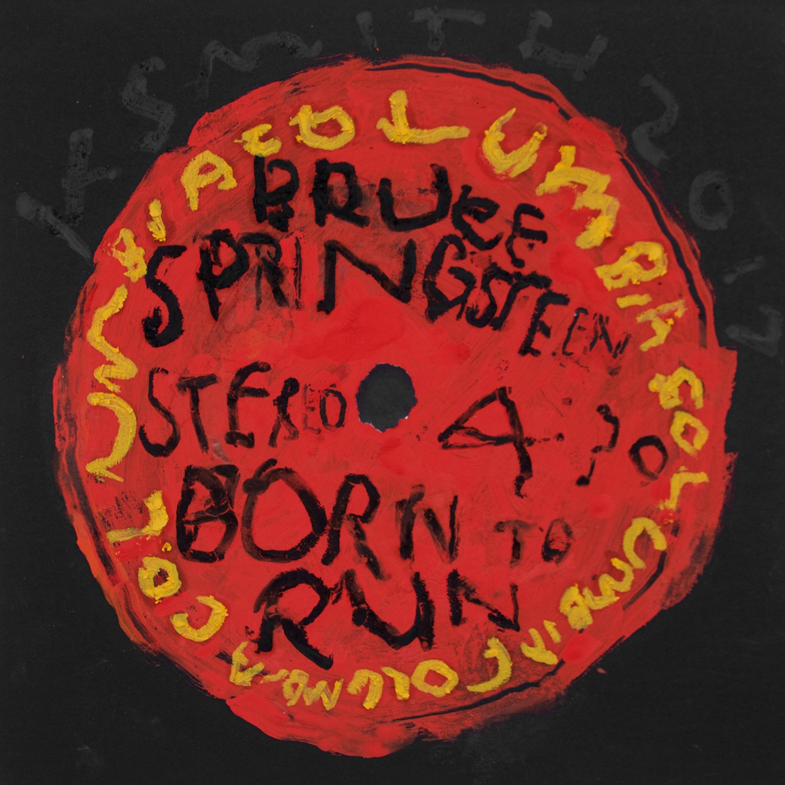 Figurative Painting Kerry Smith - Bruce Springsteen - Born To Run (étiquette d'enregistrement, clous de disque, listes de tournage, Pop Art)