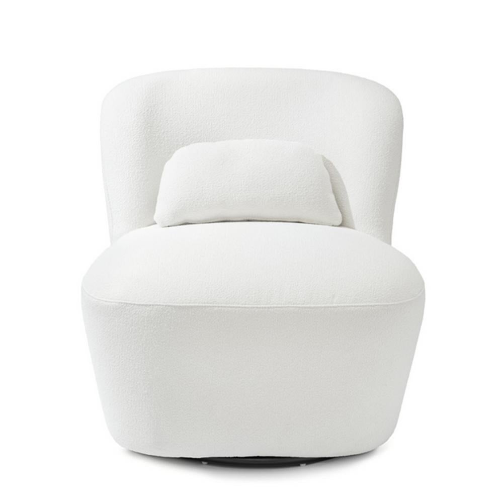 Swivel chair Kerry with wooden structure, upholstered and
covered with bouclé cream fabric, on metal swivel base.