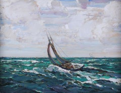 Full Sail, Boats at Sea Oil Painting, Early 20th Century Seascape, Signed