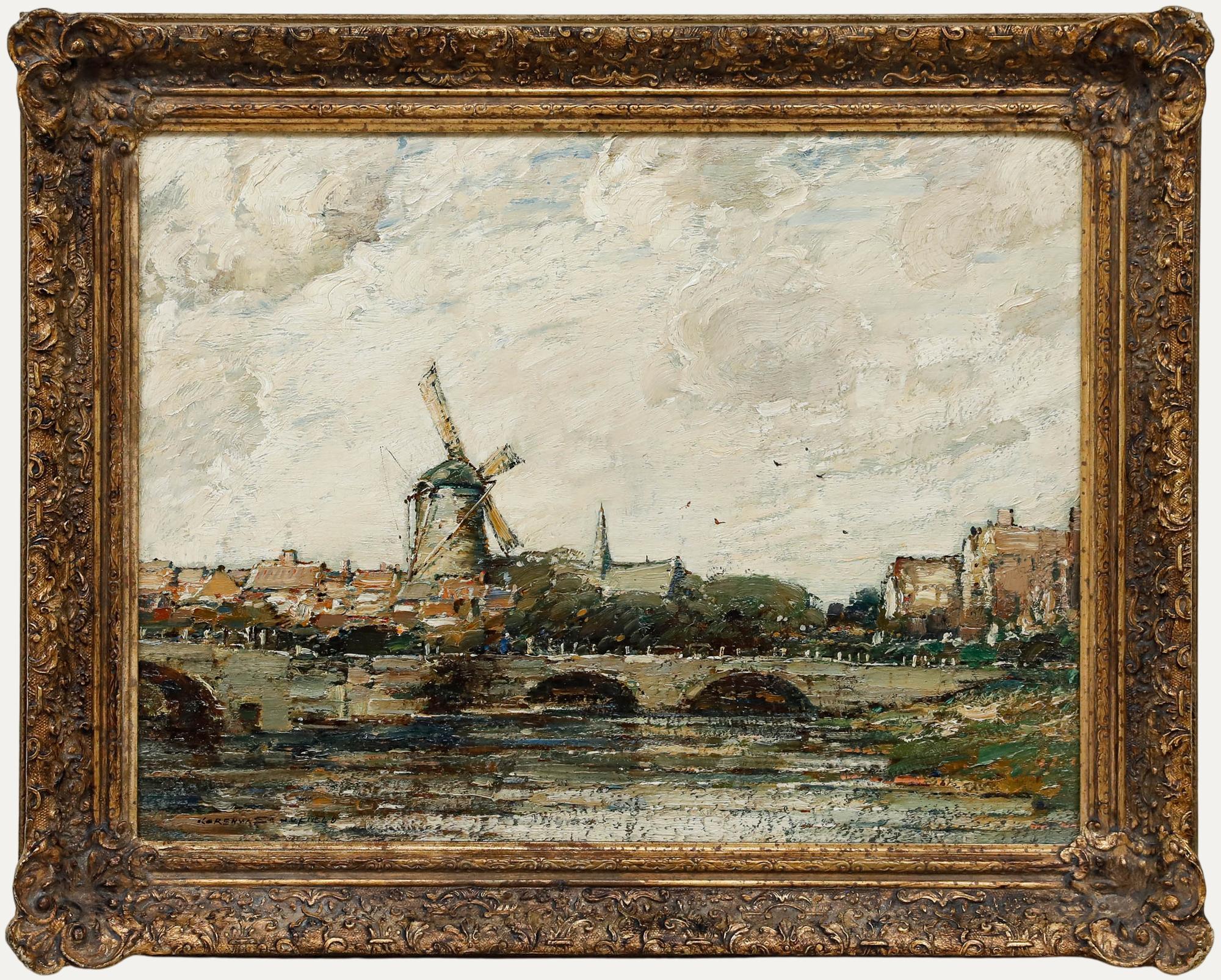 An atmospheric early 20th-century landscape study by the artist Kershaw Schofield (1872–1941). With swirling impasto brushstrokes, Schofield vividly evokes the movement and energy of a blustery day. One can imagine the windmill spinning and the