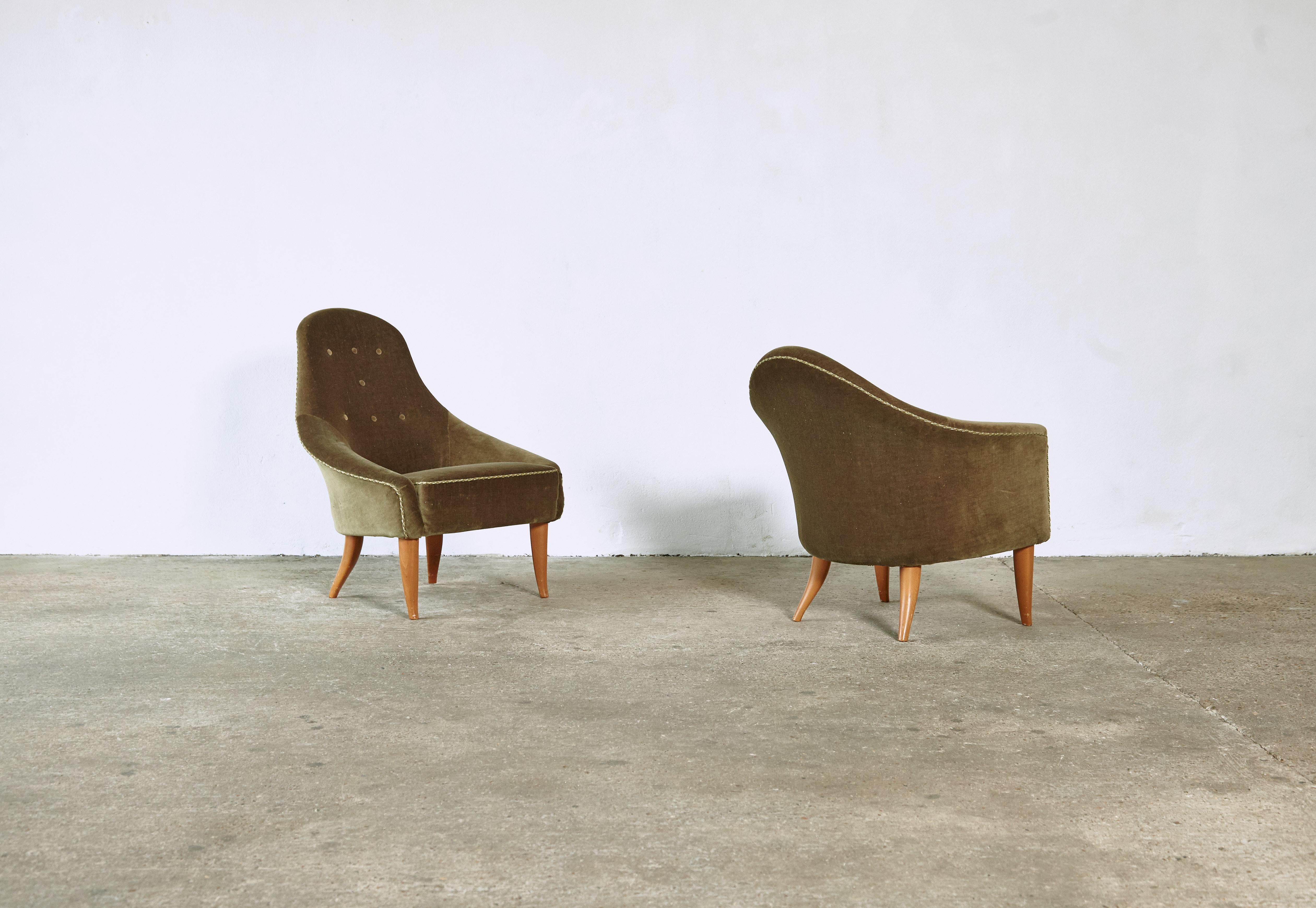 Mid-Century Modern Kerstin Hörlin-Holmquist Adam and Eva Chairs, Original Velvet, Sweden, 1964