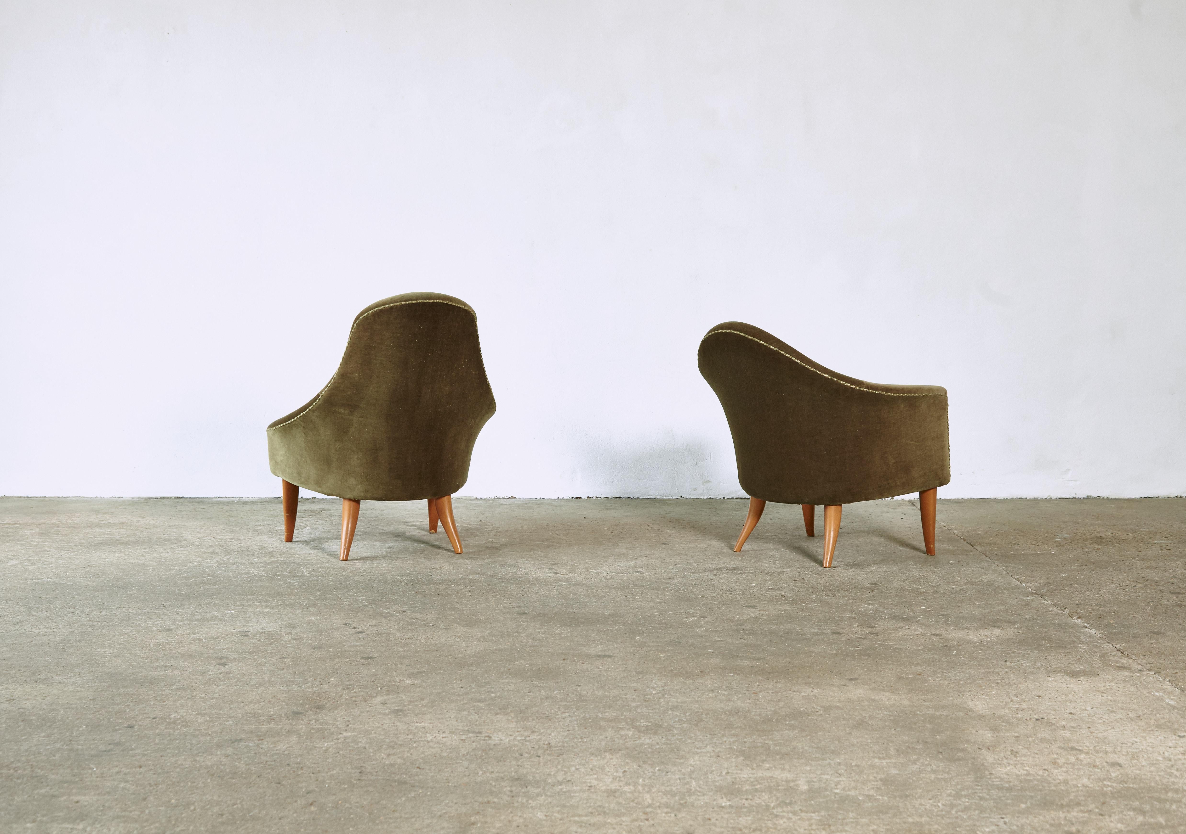 Swedish Kerstin Hörlin-Holmquist Adam and Eva Chairs, Original Velvet, Sweden, 1964