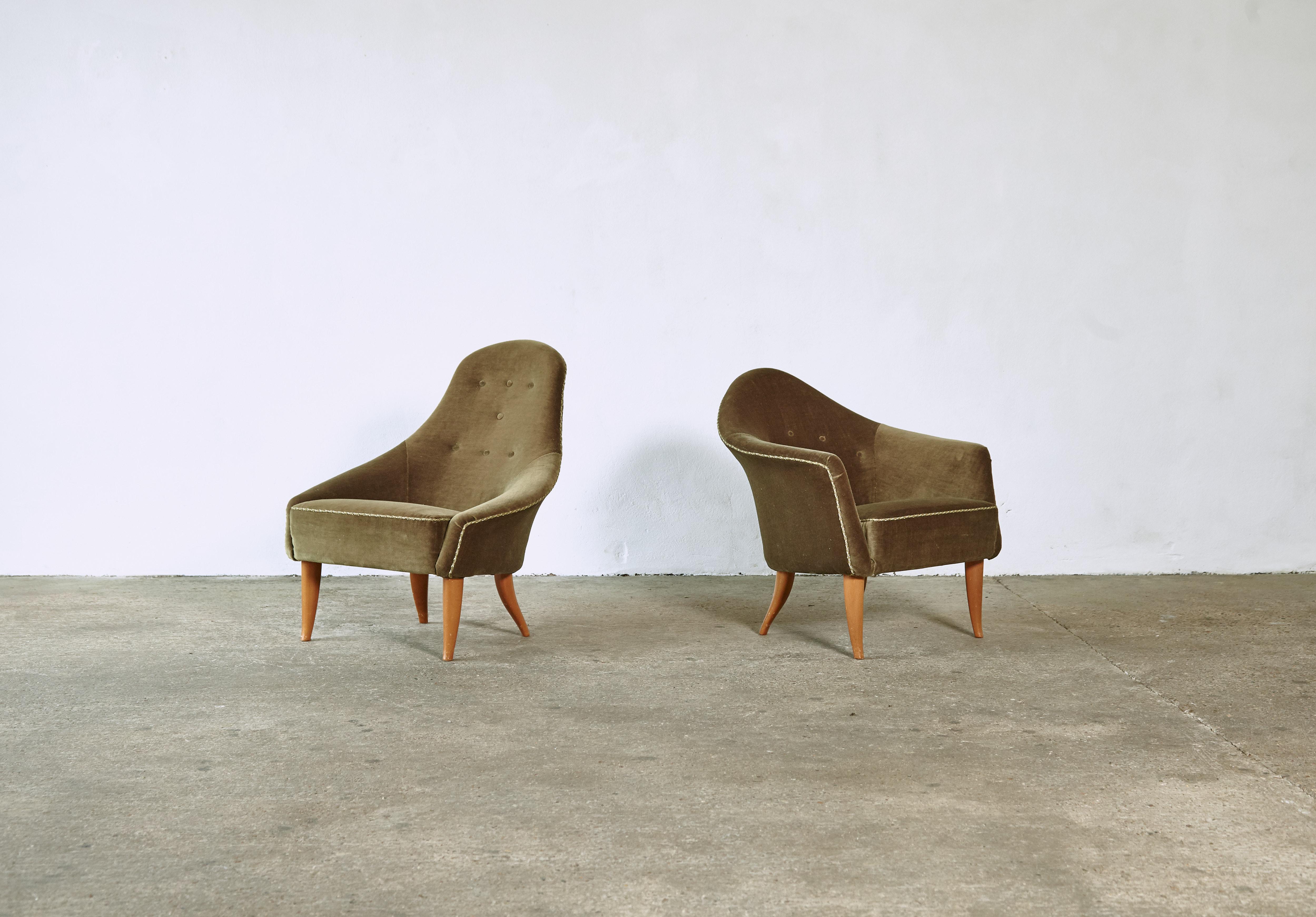 20th Century Kerstin Hörlin-Holmquist Adam and Eva Chairs, Original Velvet, Sweden, 1964