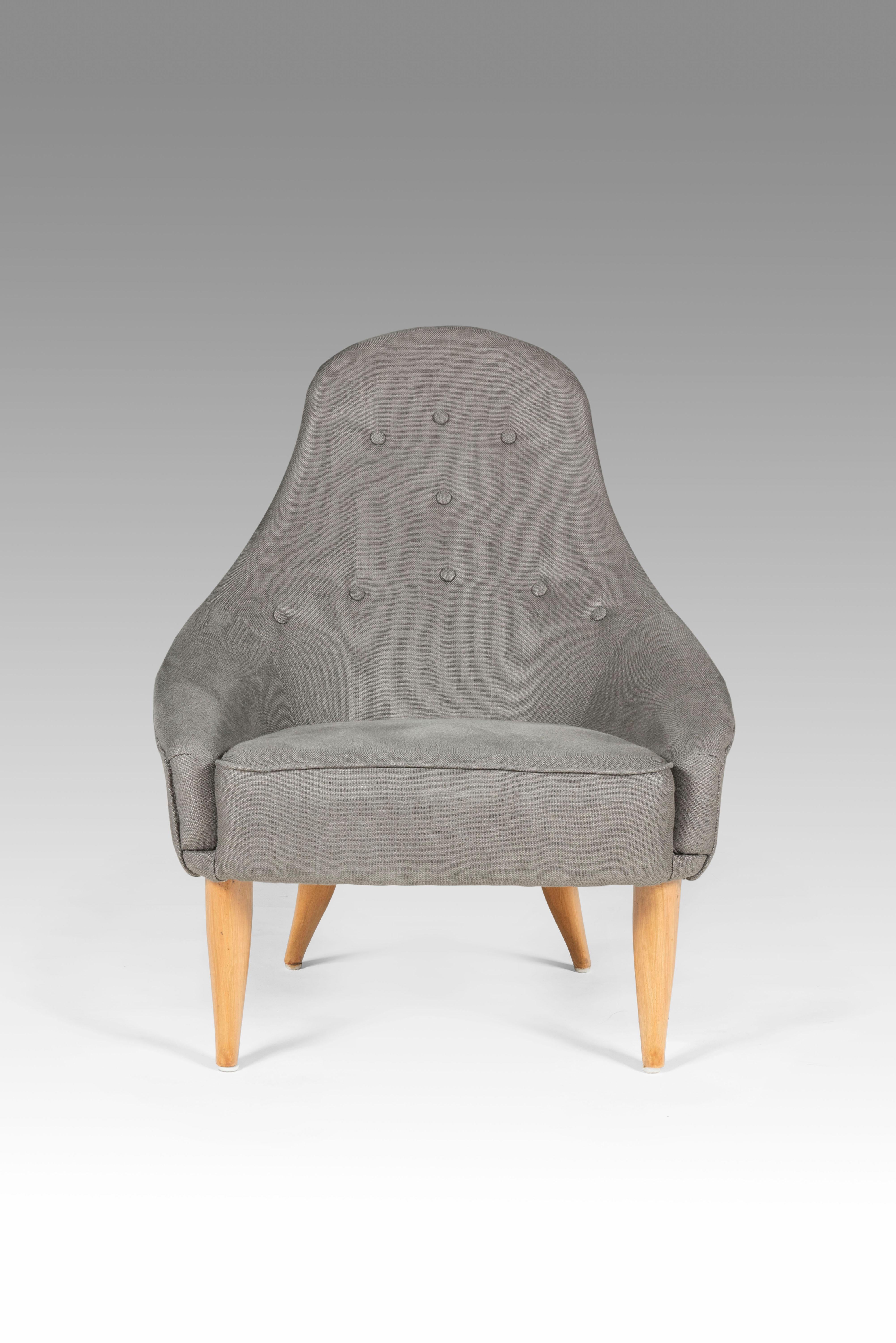 Pair of Little Adam and Little Eva armchairs by Kerstin Hörlin-Holmquist for Nordiska Kompaniet in beech and Linen/synthetic grey upholstery. Belongs to the Paradise series, 1950s. Excellent condition, restored and reupholstered.