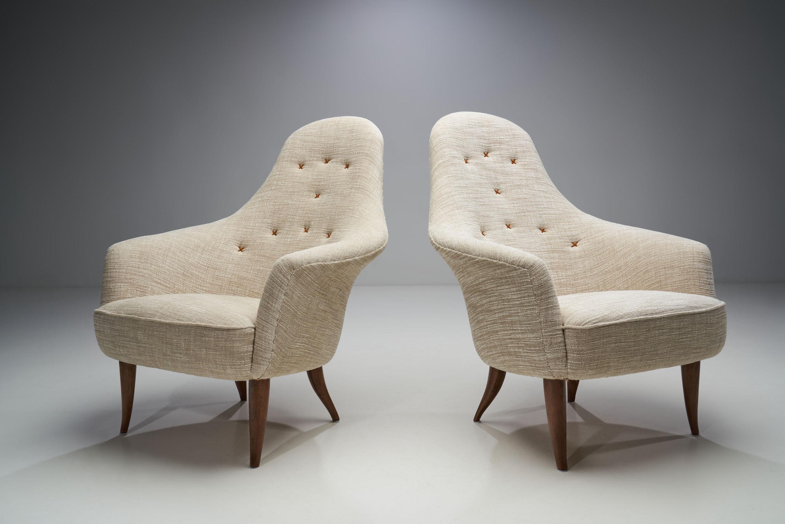 Mid-20th Century Kerstin Hörlin-Holmquist “Little Eva” Pair of Easy Chairs, Sweden, 1950s