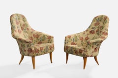 Kerstin Hörlin-Holmquist, Lounge Chairs, Wood, Fabric, Sweden, 1950s