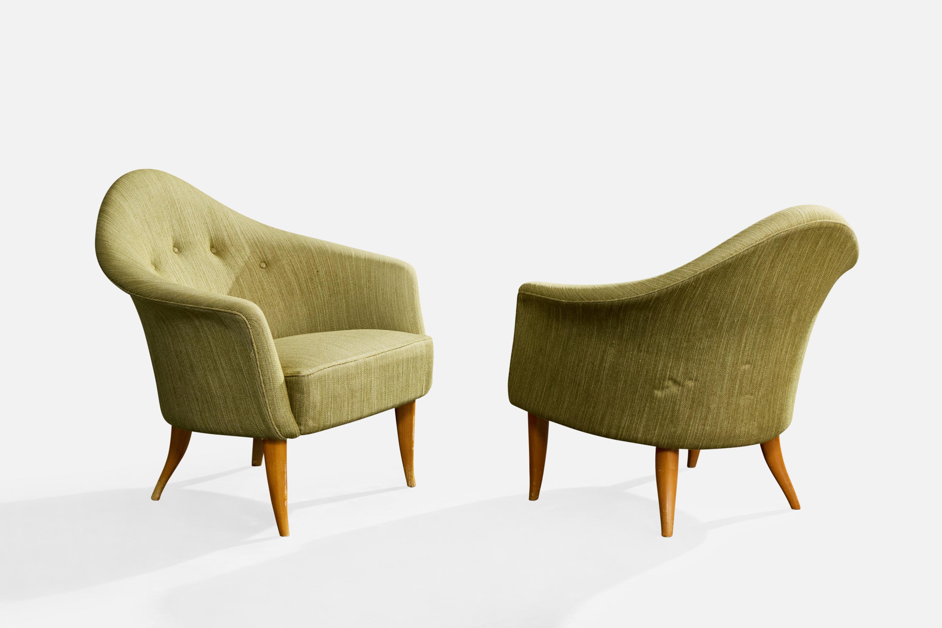 Mid-Century Modern Kerstin Hörlin Holmquist, Lounge Chairs, Wood, Fabric, Sweden, 1950s For Sale