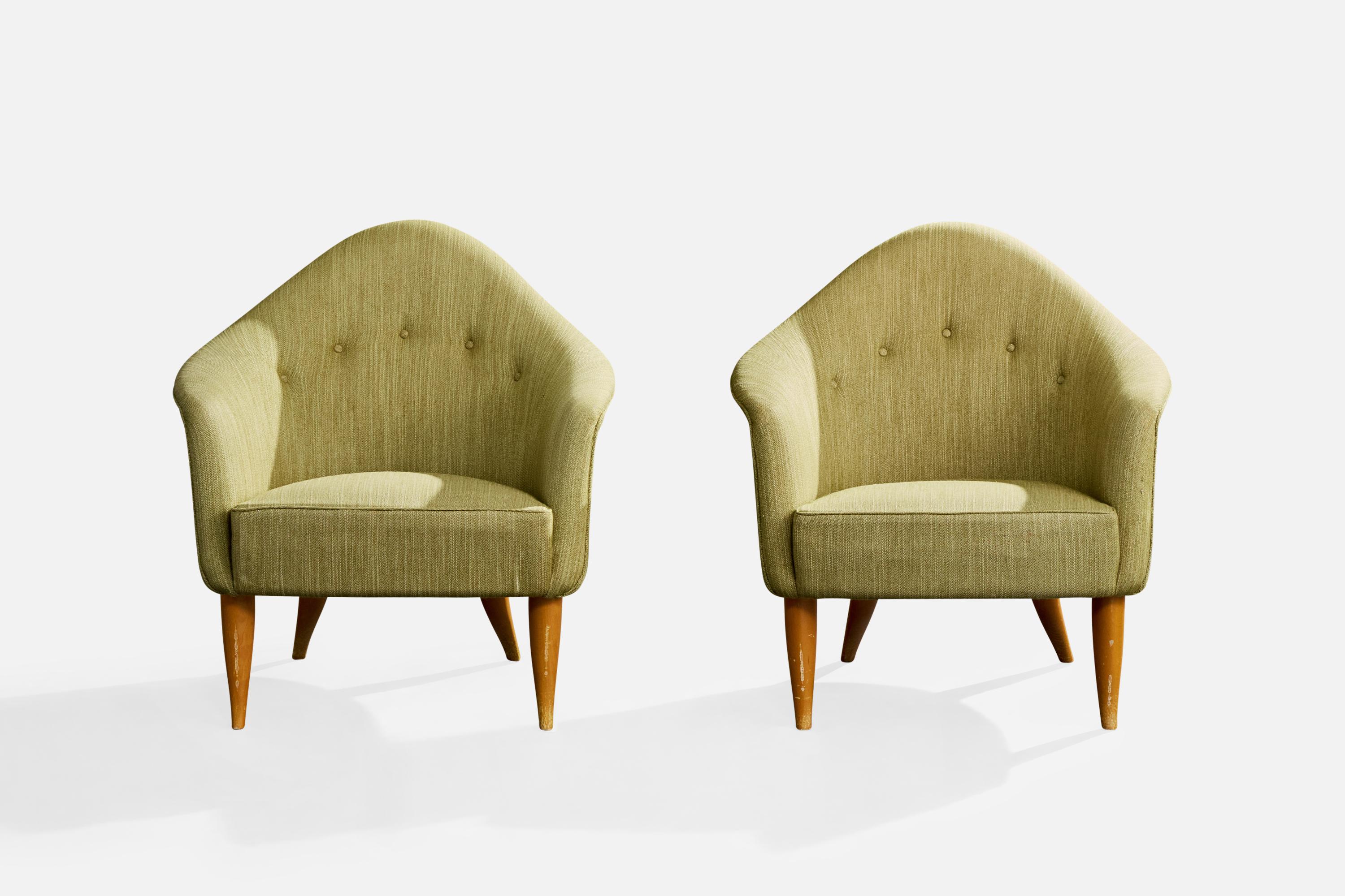 Swedish Kerstin Hörlin Holmquist, Lounge Chairs, Wood, Fabric, Sweden, 1950s For Sale