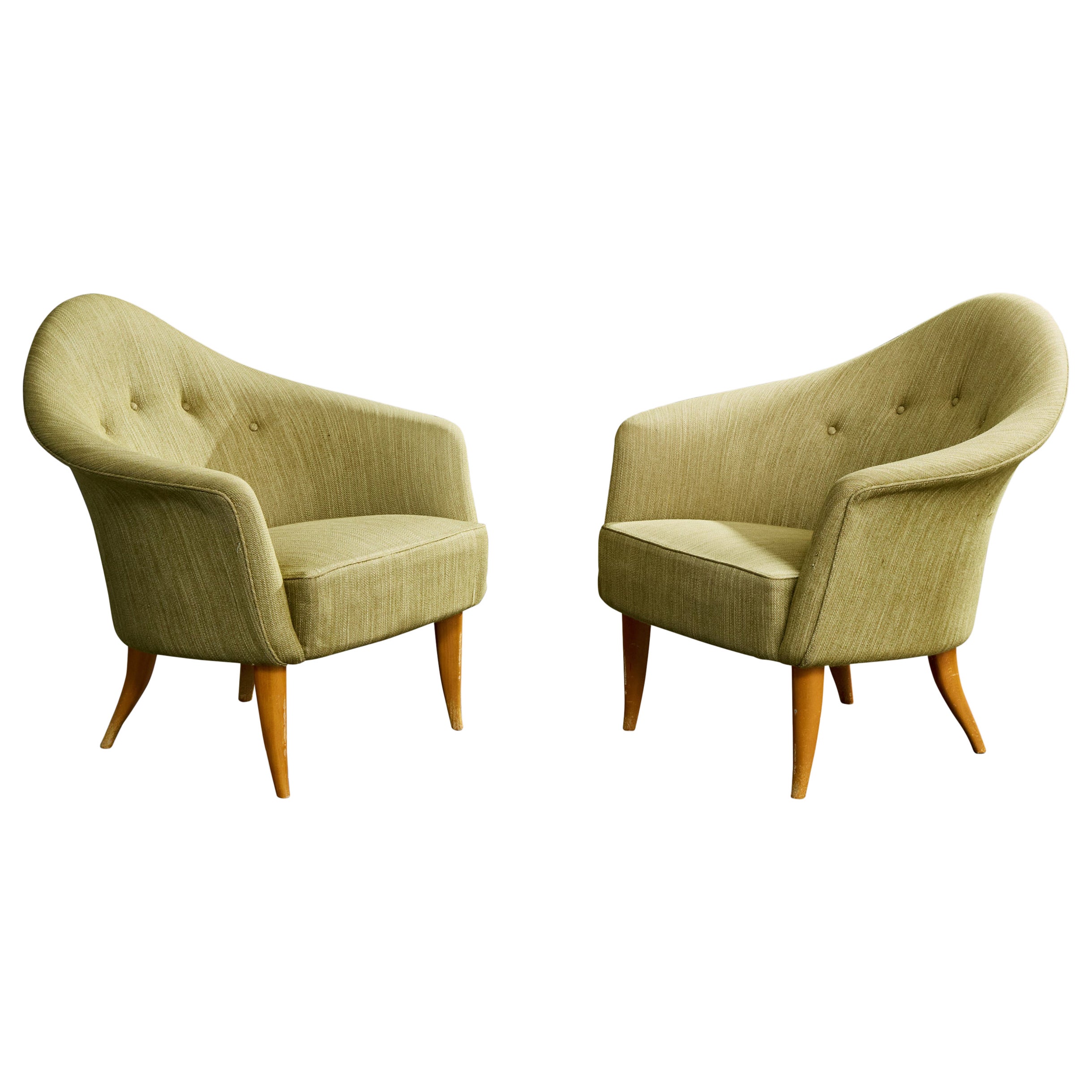 Kerstin Hörlin Holmquist, Lounge Chairs, Wood, Fabric, Sweden, 1950s