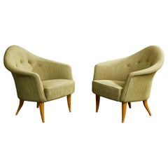 Kerstin Hörlin Holmquist, Lounge Chairs, Wood, Fabric, Sweden, 1950s