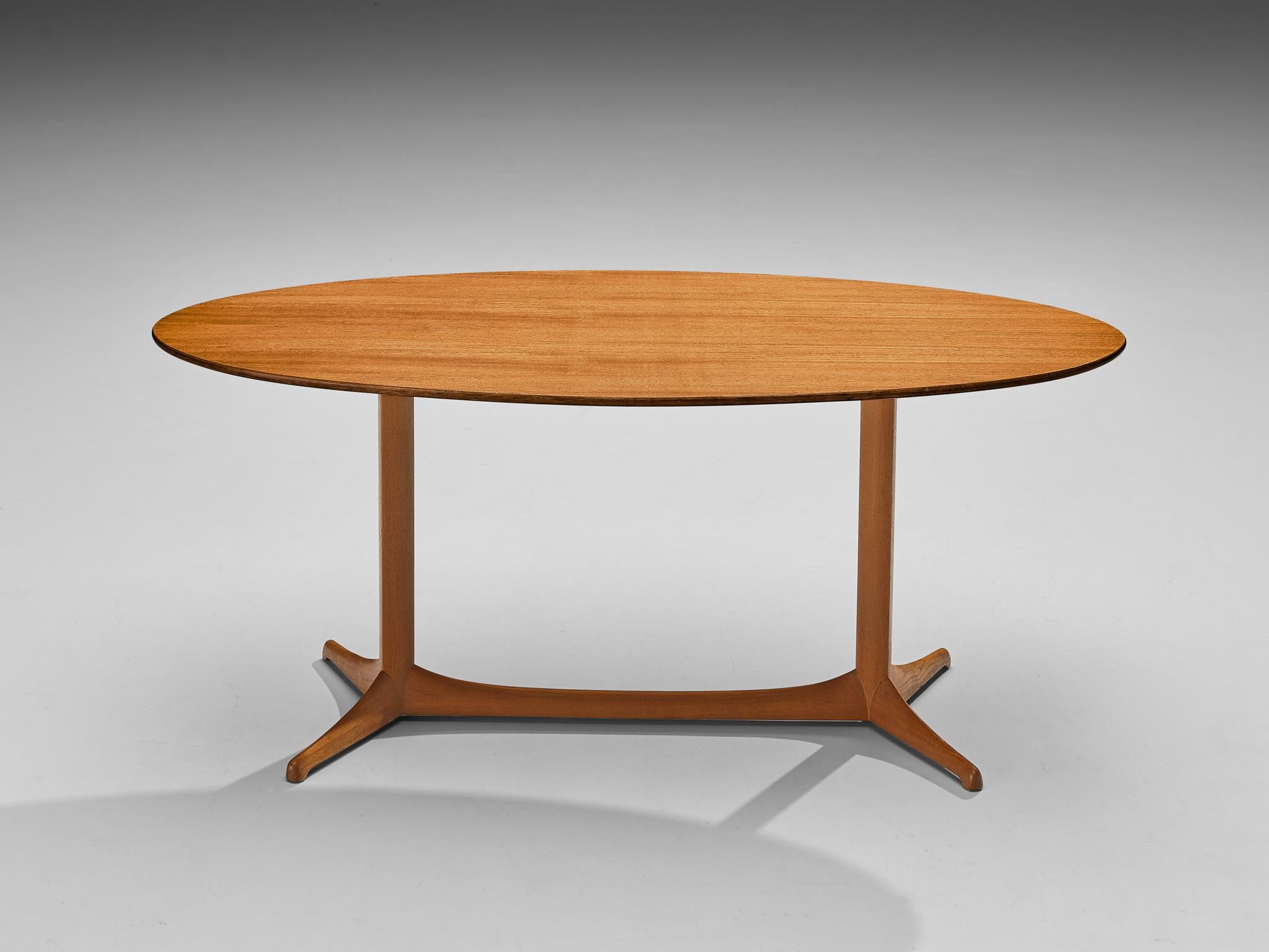 Kerstin Hörlin-Holmquist for Nordiska Kompaniet, coffee table 'Plommonet', teak, Sweden, 1953.

This coffee table is well-constructed in a precise manner and bears visual traits that is typical for Swedish design. The oval top is supported by an