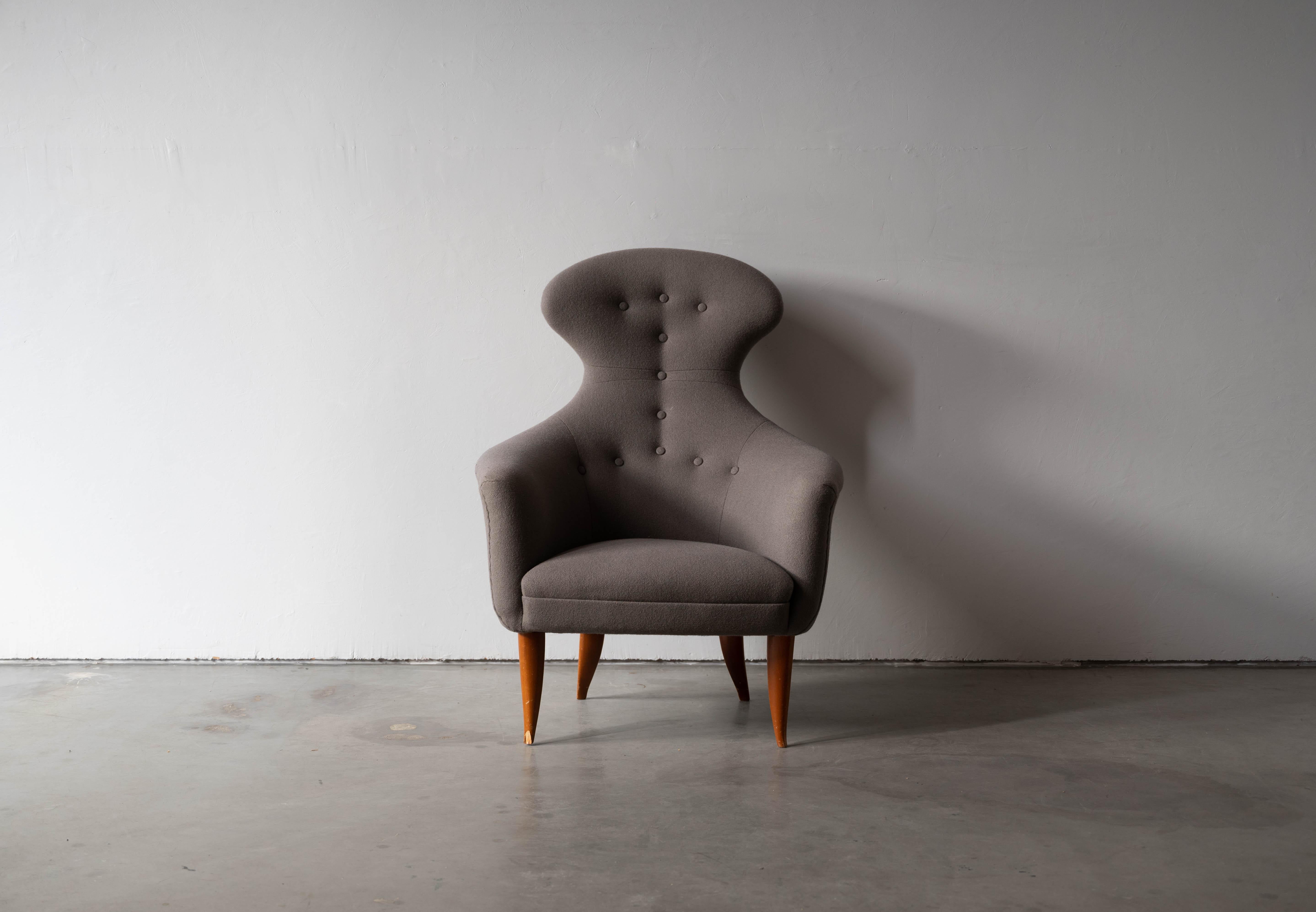 Swedish Kerstin Hörlin-holmqvist, Lounge Chair, Wood, Fabric, Nk, Sweden, 1950s For Sale