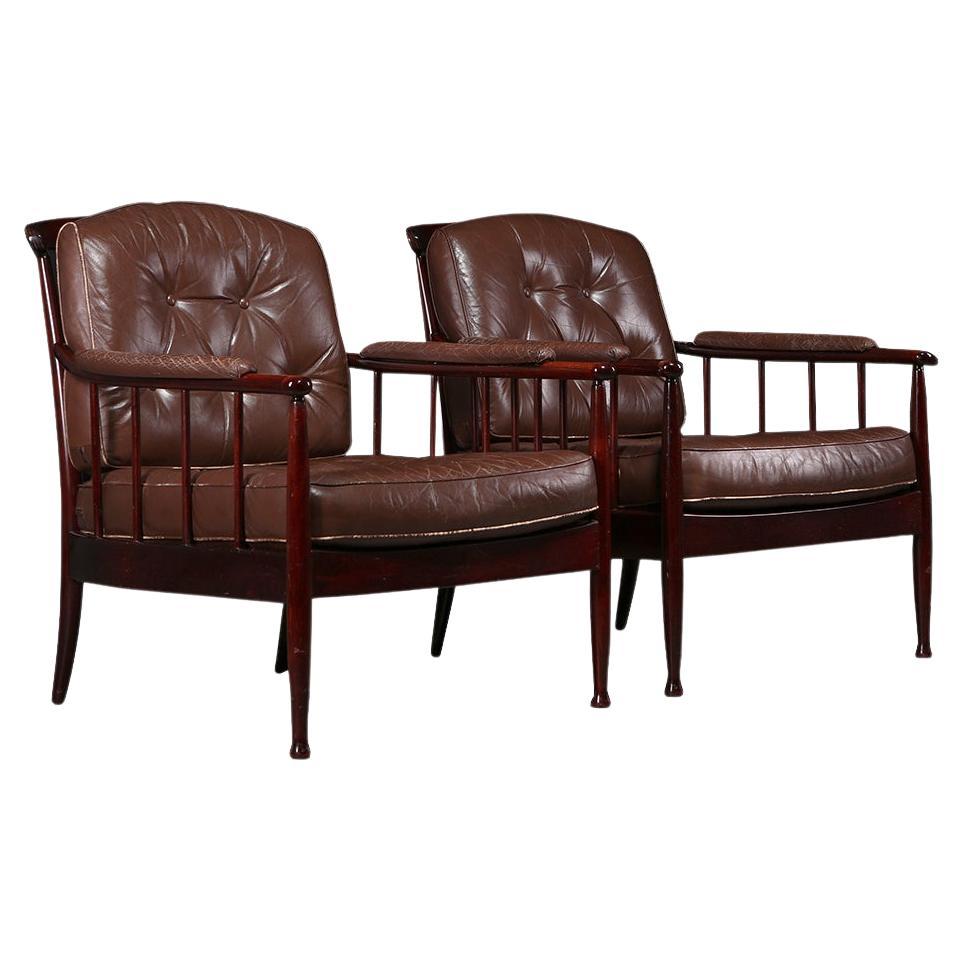 Kerstin Hörlin-Homquist Pair of "Skrindan" Armchairs in Brown Leather, 1960s