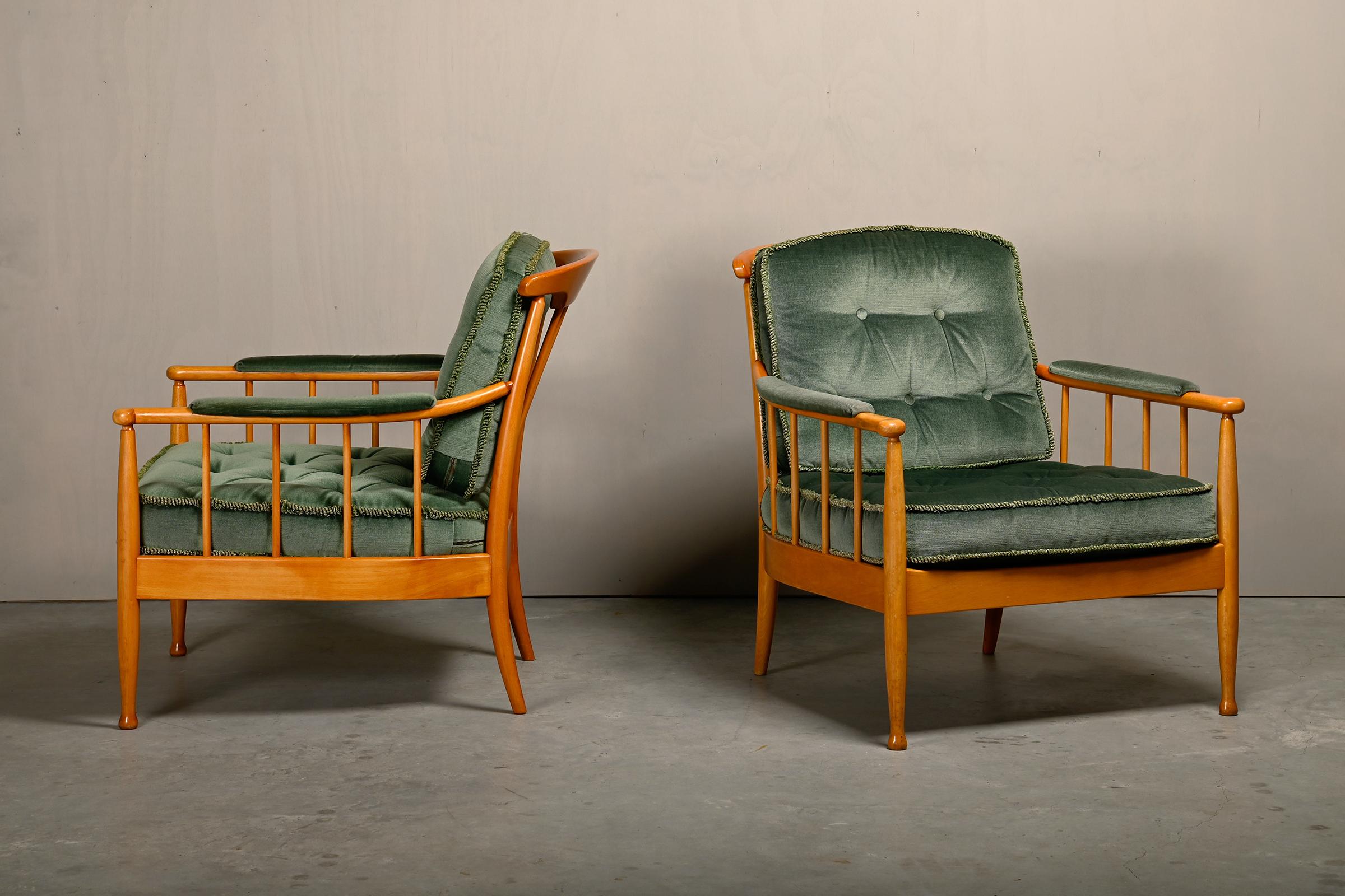 Swedish Kerstin Hörlin-Homquist Skrindan Armchairs in Beech and Green Velvet, Sweden For Sale