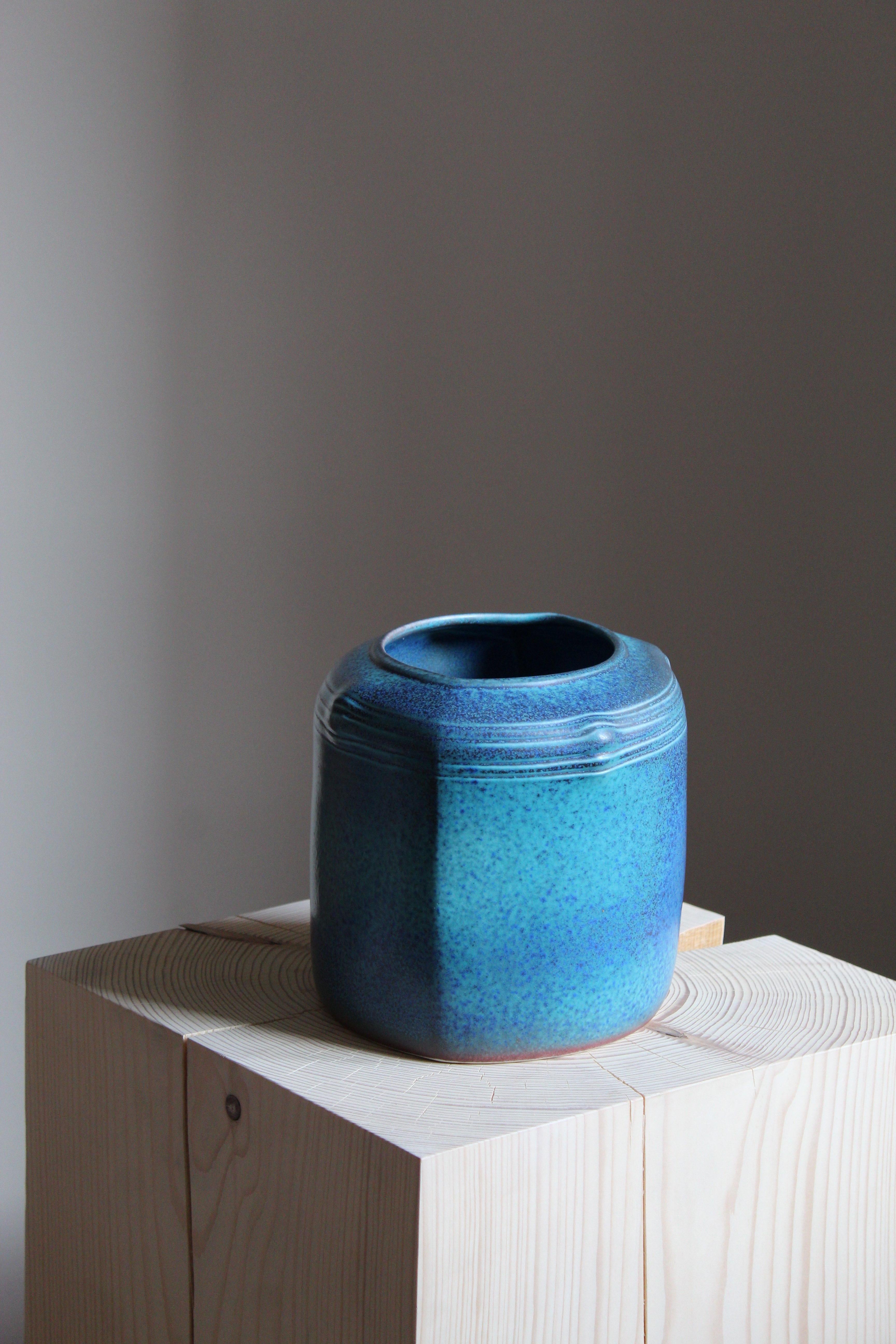 Mid-Century Modern Kerstin Hörnlund, Vase / Vessel, Blue-Glazed Stoneware, Rörstrand, Sweden, 1960s