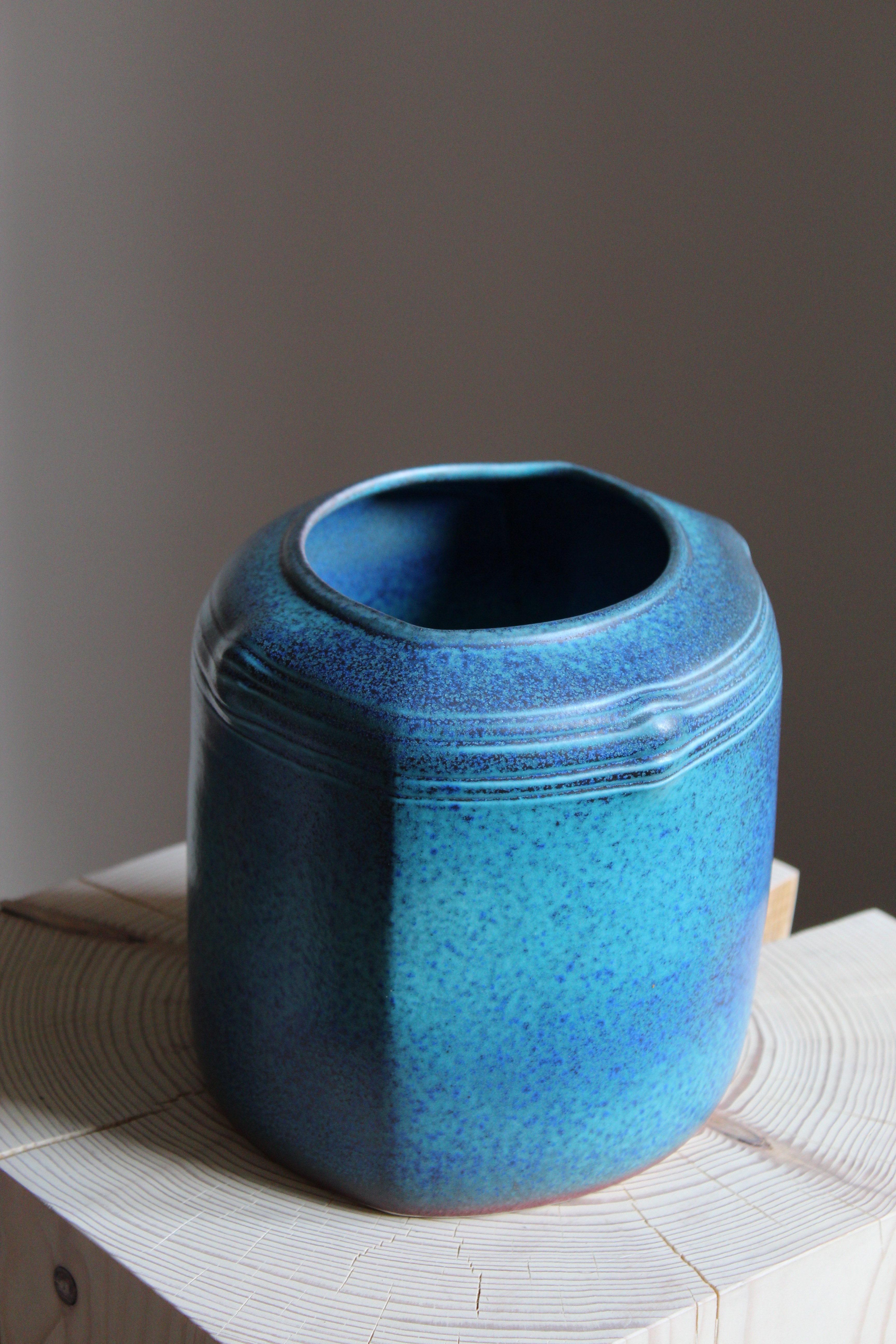 Swedish Kerstin Hörnlund, Vase / Vessel, Blue-Glazed Stoneware, Rörstrand, Sweden, 1960s