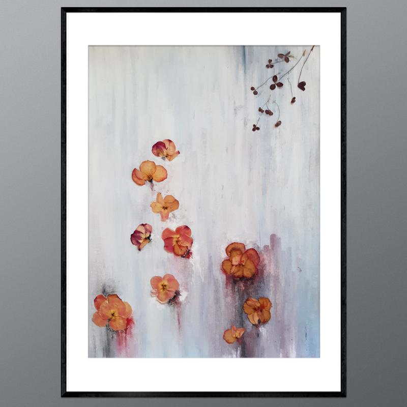 Pigments, acrylique et feuilles de fleurs sur papier. 
