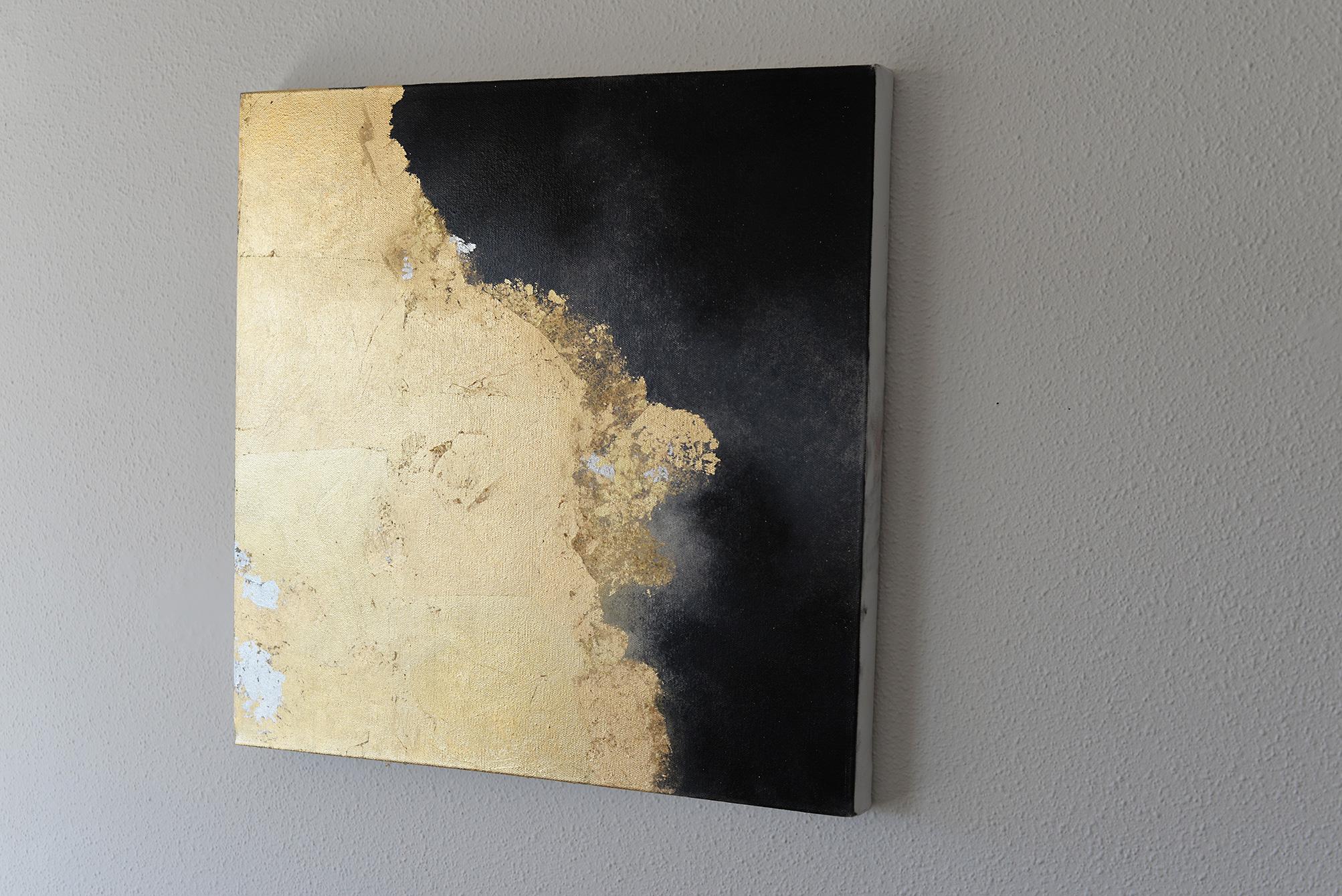 Hic Sunt Dracones 1-4, pastel & gold leaf, abstract landscape, coastline - Black Abstract Painting by Kerstin Paillard