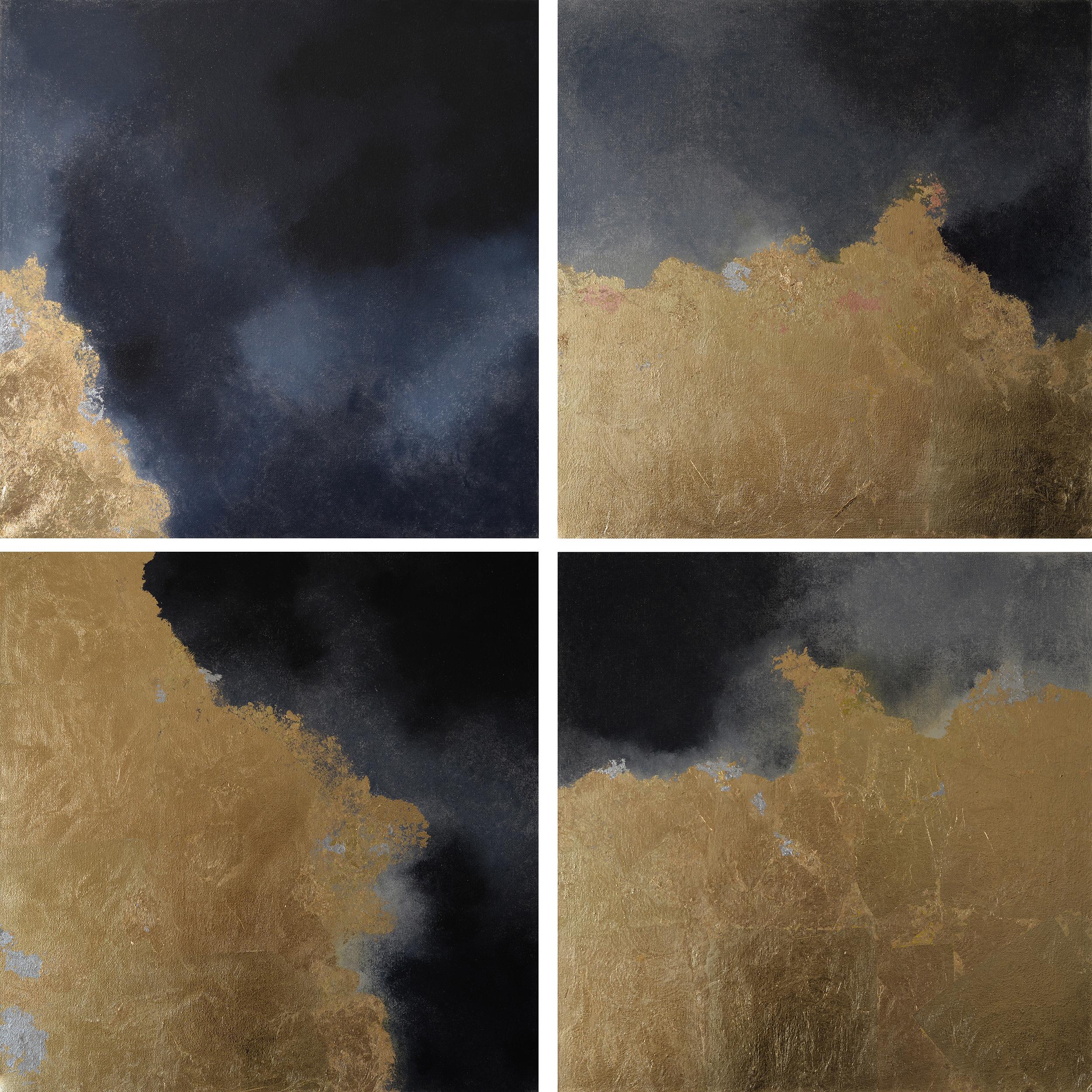 Kerstin Paillard Abstract Painting - Hic Sunt Dracones 1-4, pastel & gold leaf, abstract landscape, coastline