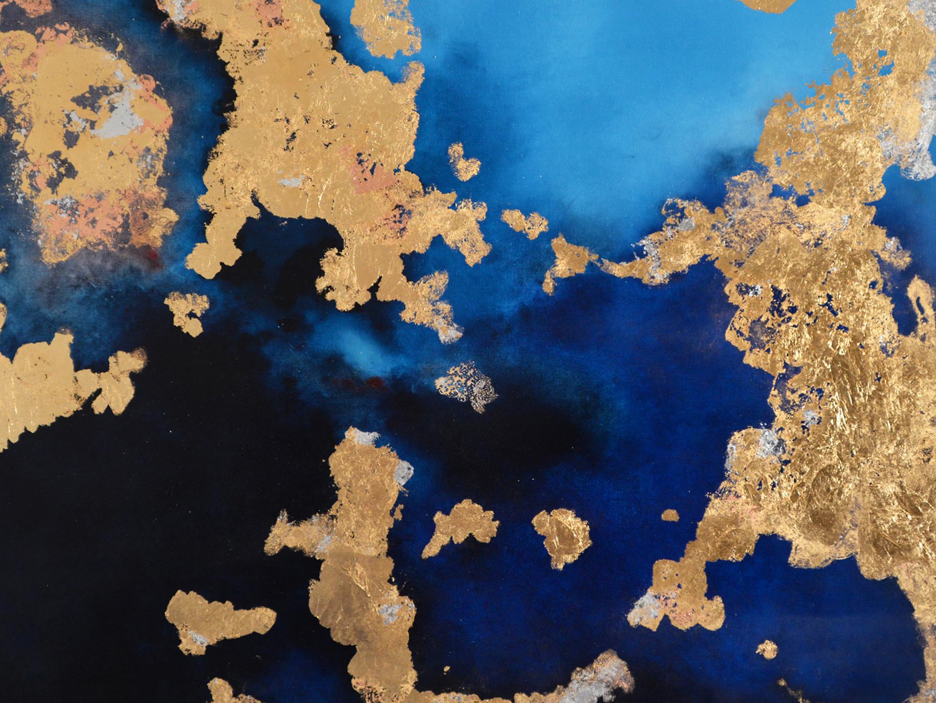 Carta Marina, pigments & gold leaf, abstract landscape, coastline  - Painting by Kerstin Paillard