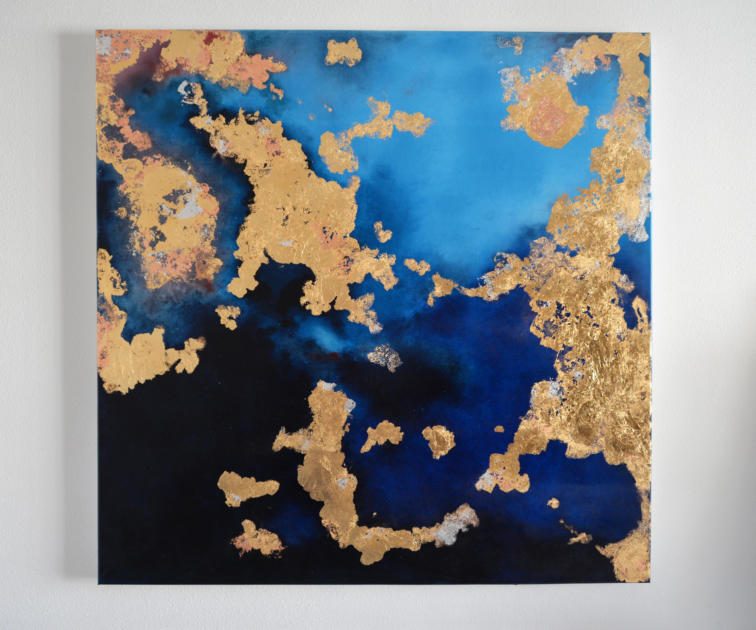 Carta Marina, pigments & gold leaf, abstract landscape, coastline  - Abstract Painting by Kerstin Paillard