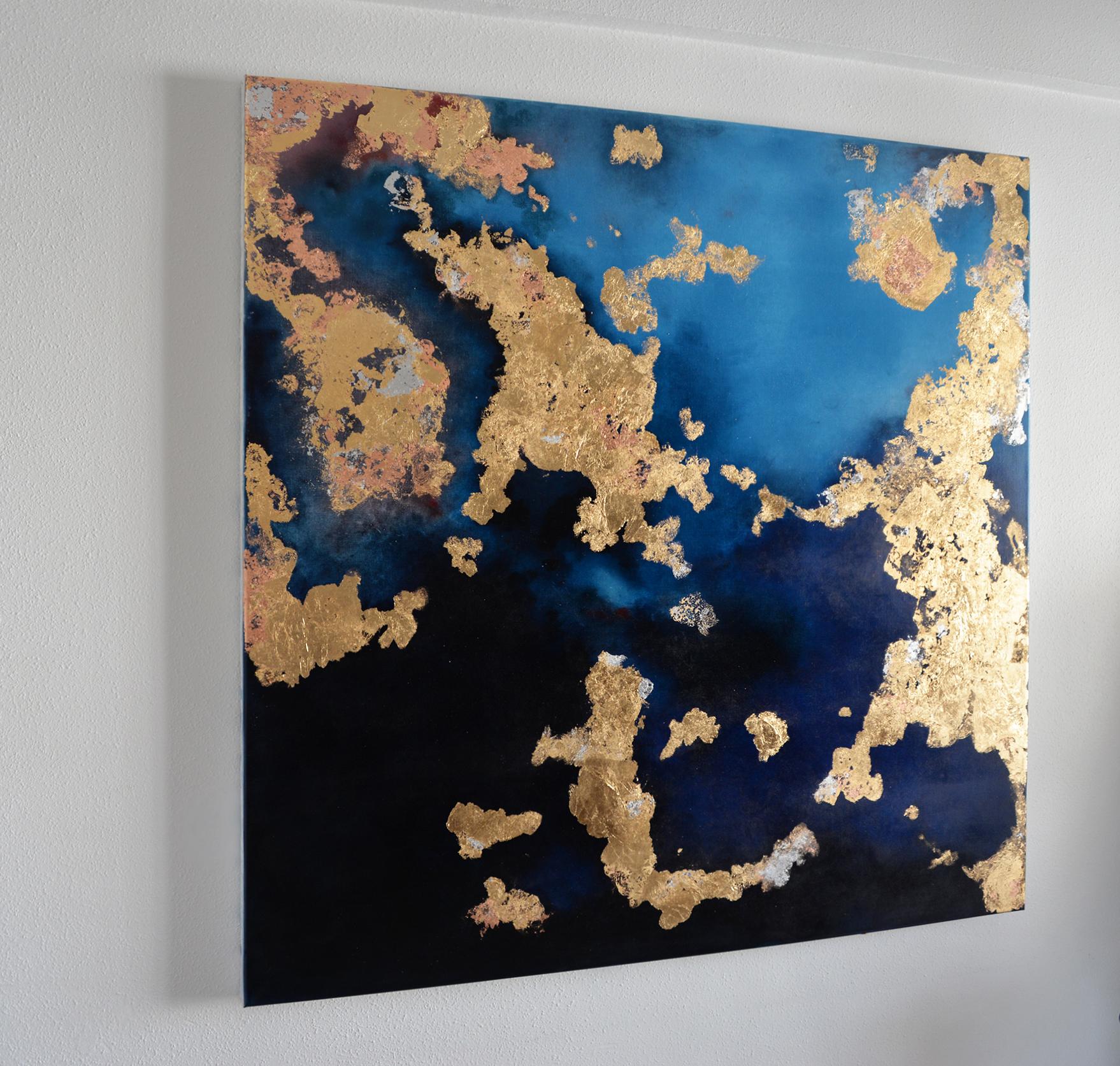 Carta Marina, pigments & gold leaf, abstract landscape, coastline  - Gold Abstract Painting by Kerstin Paillard