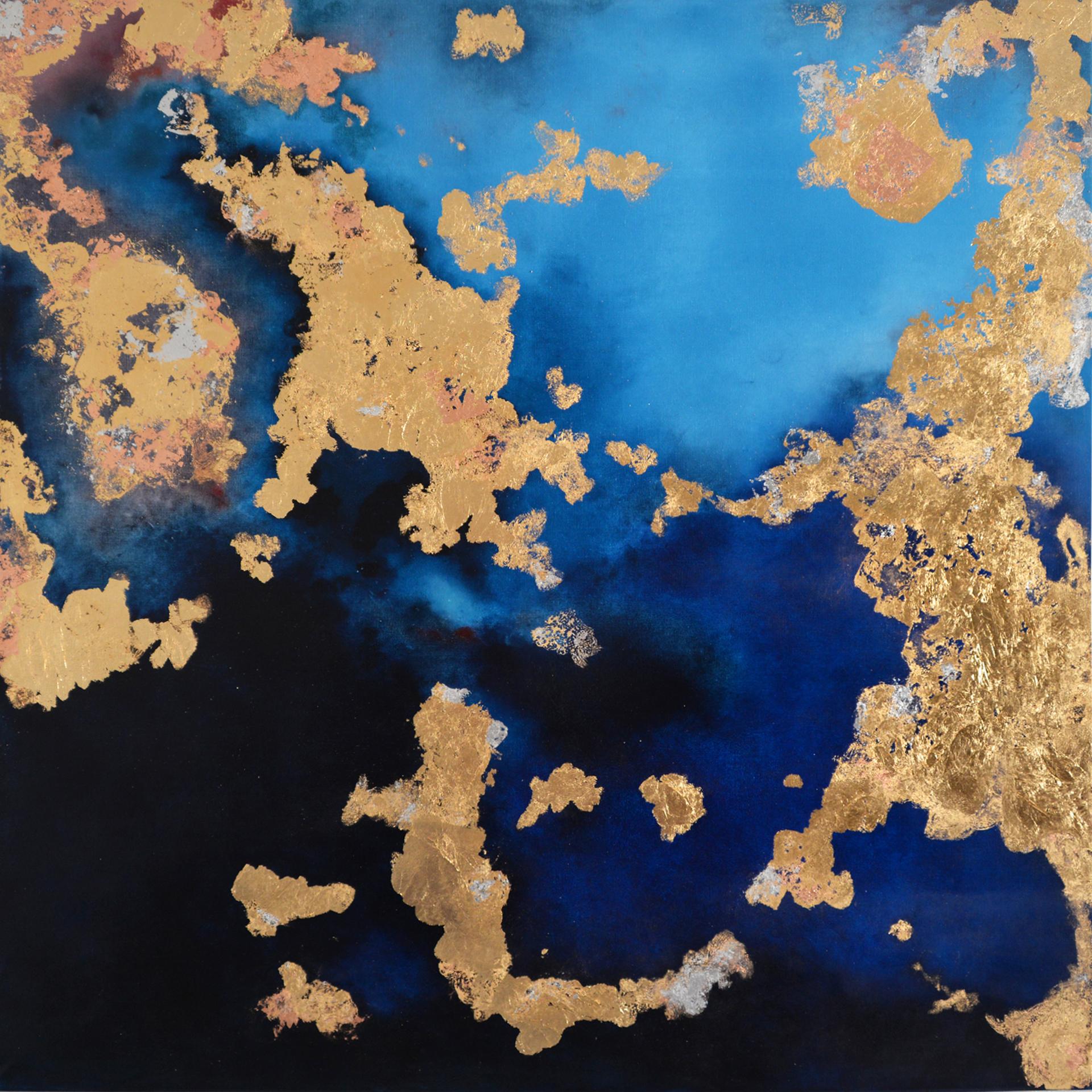 Kerstin Paillard Abstract Painting - Carta Marina, pigments & gold leaf, abstract landscape, coastline 