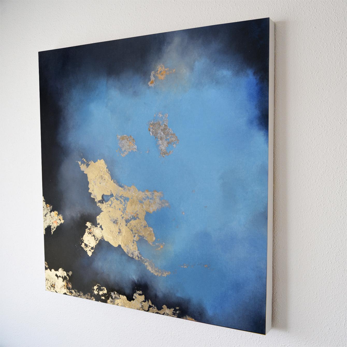 Kingman Blue pastel and gold leaf mixed media painting - Abstract Mixed Media Art by Kerstin Paillard