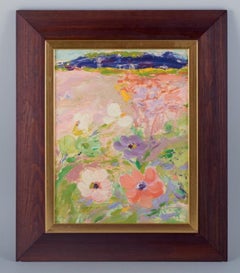 Kerttu Kuikanmäki, artiste finlandais. Huile sur planche. Fleurs dans un paysage d'été