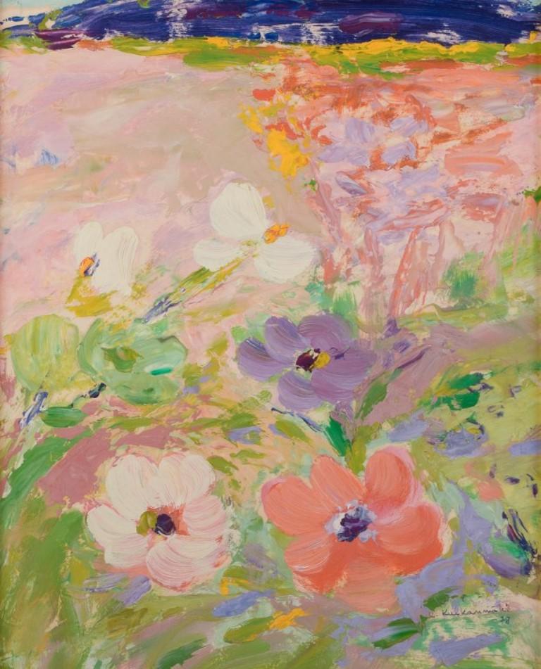 Modern Kerttu Kuikanmäki., Finnish artist. Oil on board. Flowers in a summer landscape For Sale