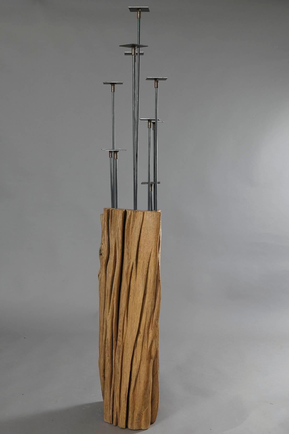 Kerzenständer, Candelabra by Hanni Dietrich, Carved Oak and Welded Black Steel In Good Condition For Sale In Aramits, Nouvelle-Aquitaine