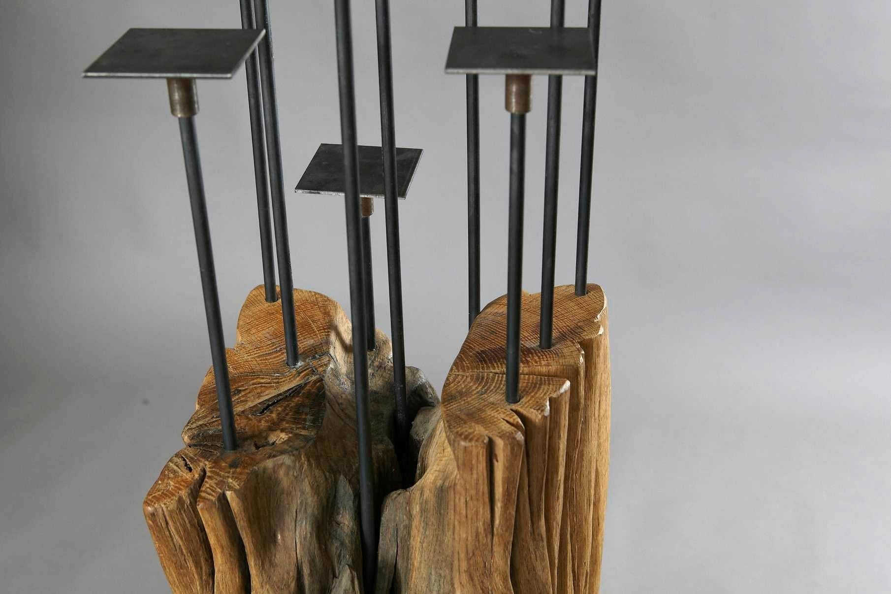 Kerzenständer, Candelabra by Hanni Dietrich, Carved Oak and Welded Black Steel For Sale 1