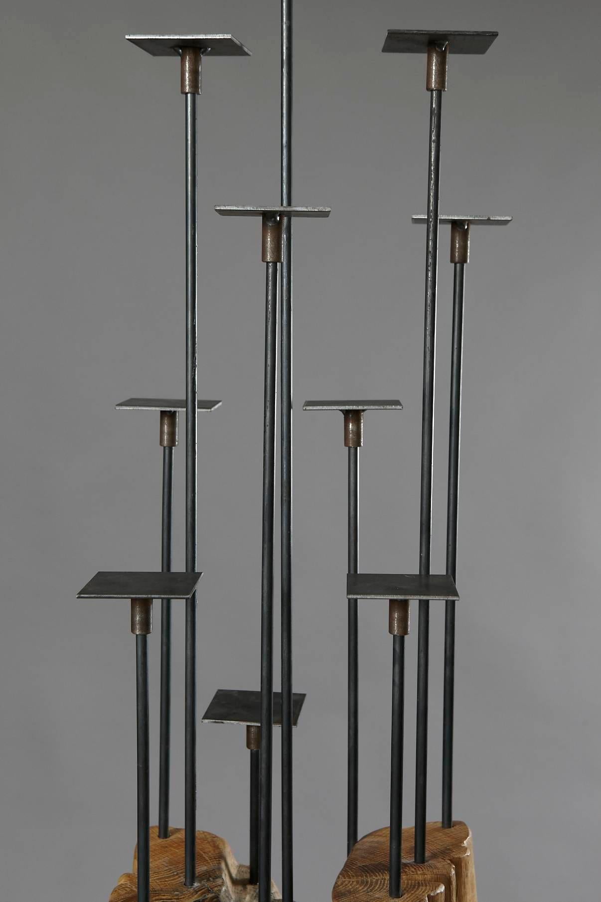 Kerzenständer, Candelabra by Hanni Dietrich, Carved Oak and Welded Black Steel For Sale 2