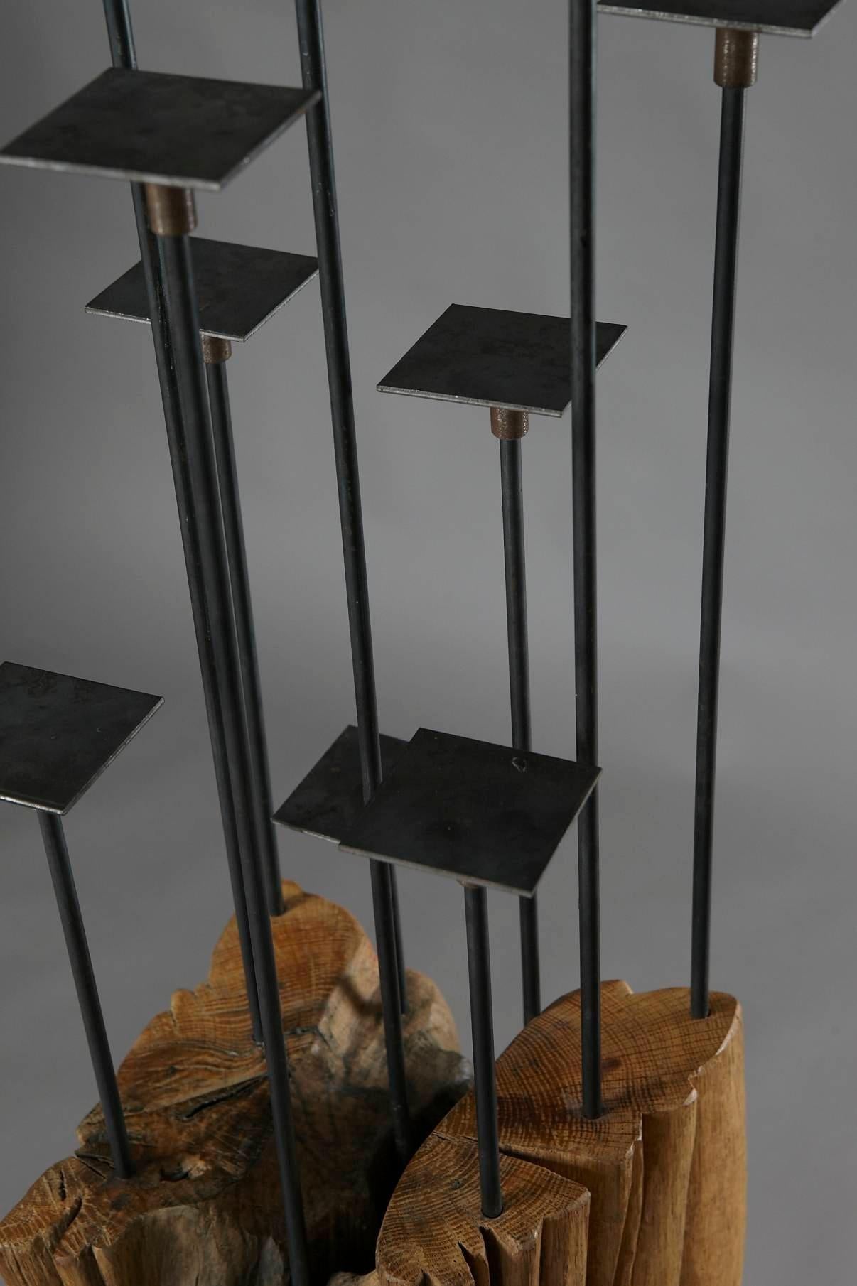 Kerzenständer, Candelabra by Hanni Dietrich, Carved Oak and Welded Black Steel For Sale 3