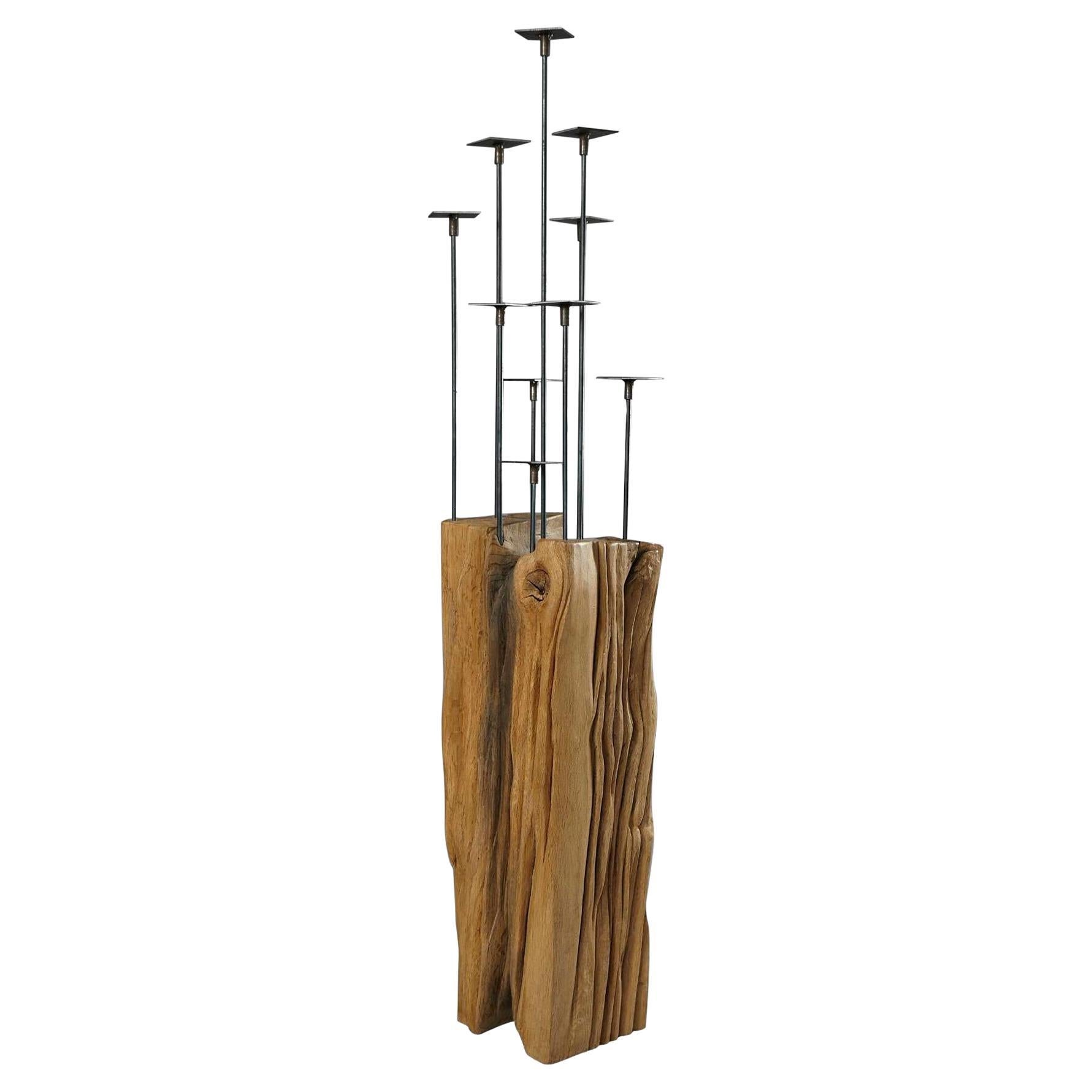 Kerzenständer, Candelabra by Hanni Dietrich, Carved Oak and Welded Black Steel