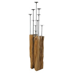 Kerzenständer, Candelabra by Hanni Dietrich, Carved Oak and Welded Black Steel