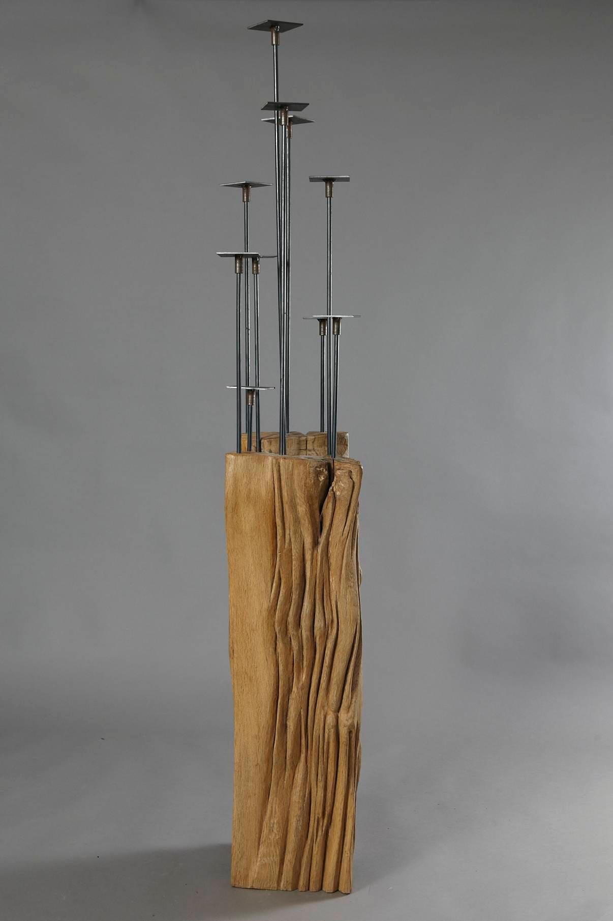 Organic Modern Kerzenständer - Candelabra by Hanni Dietrich - Carved Oak and Welded Black Steel For Sale