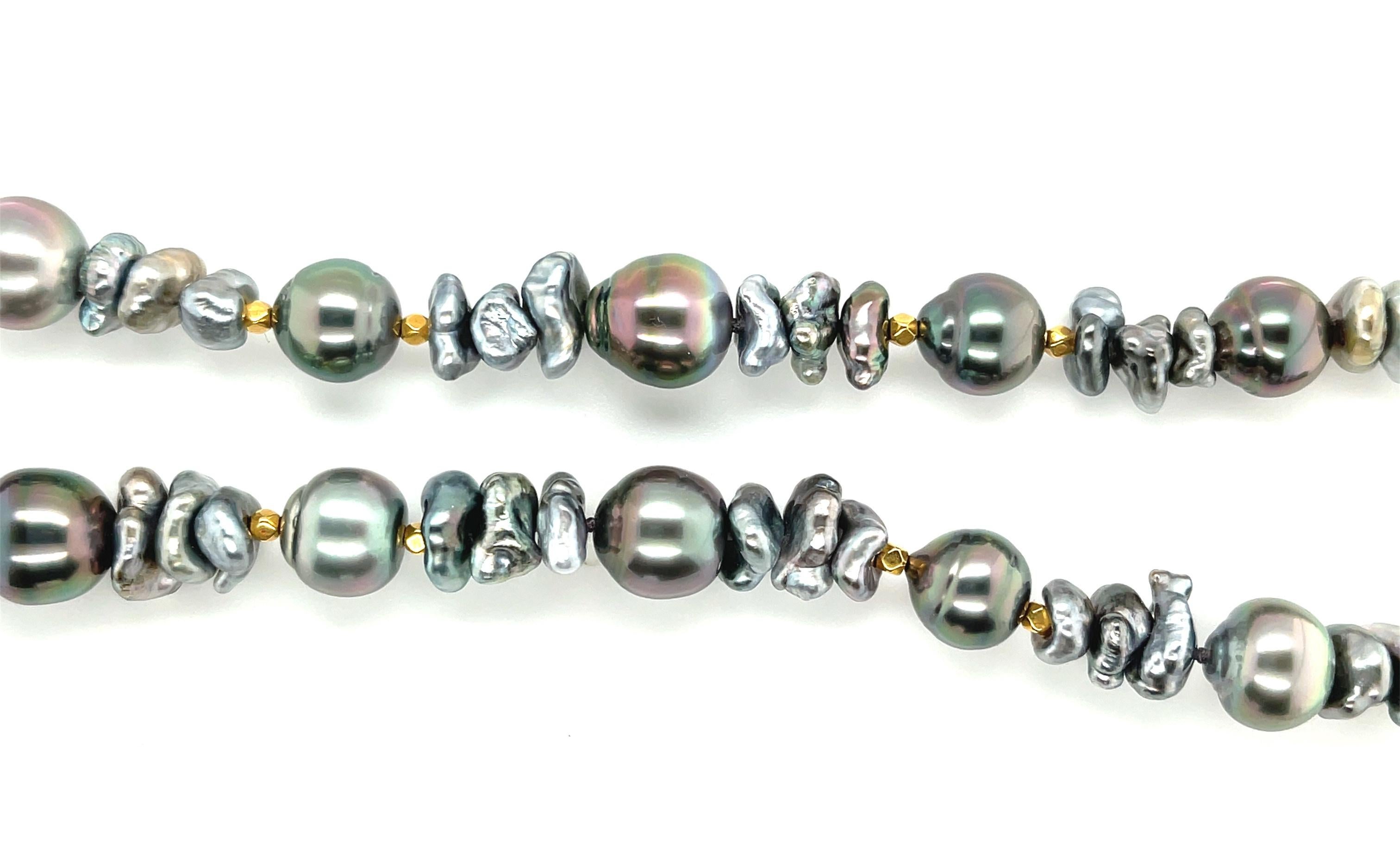 Artisan Keshi and Baroque Black Pearl Necklace with 18k Yellow Gold Accents For Sale