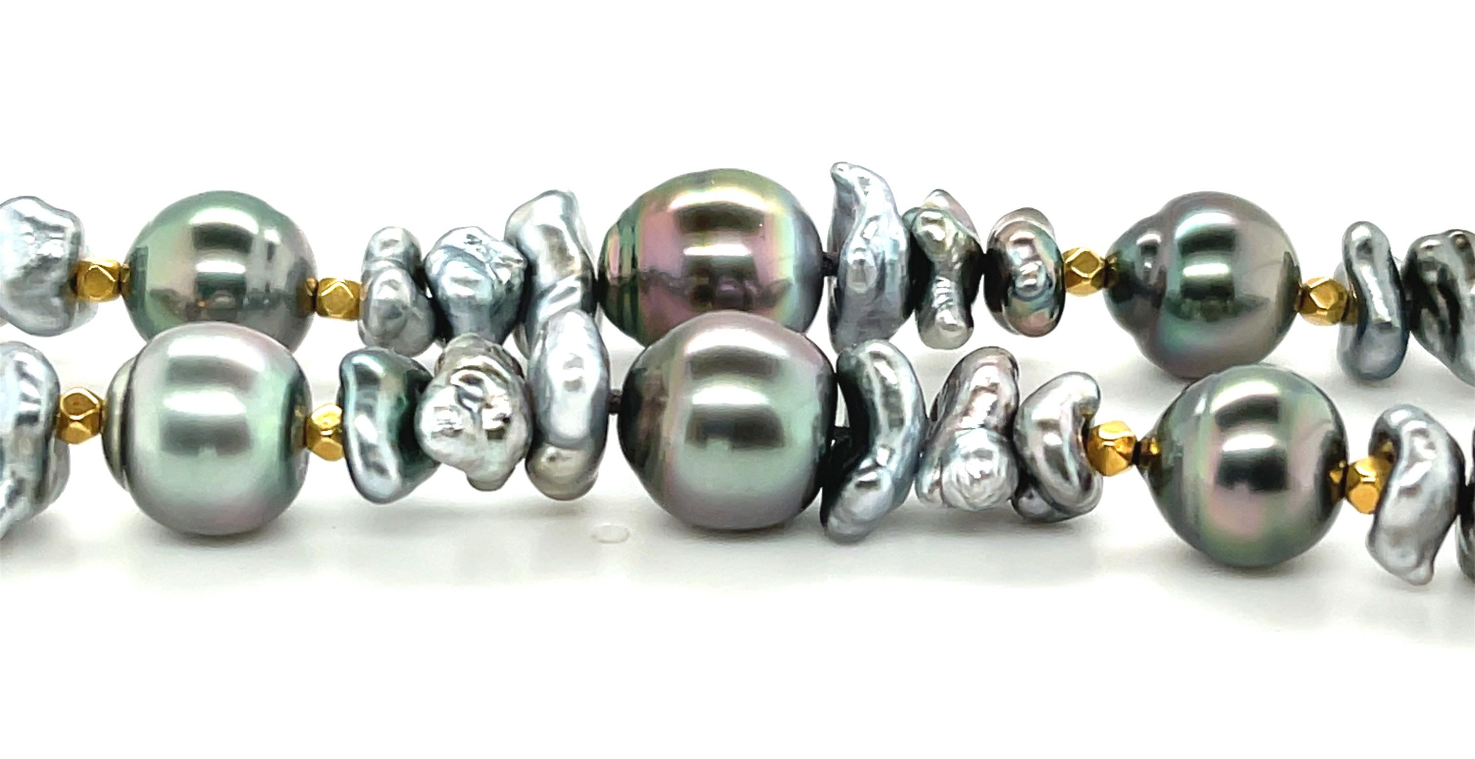 Bead Keshi and Baroque Black Pearl Necklace with 18k Yellow Gold Accents For Sale