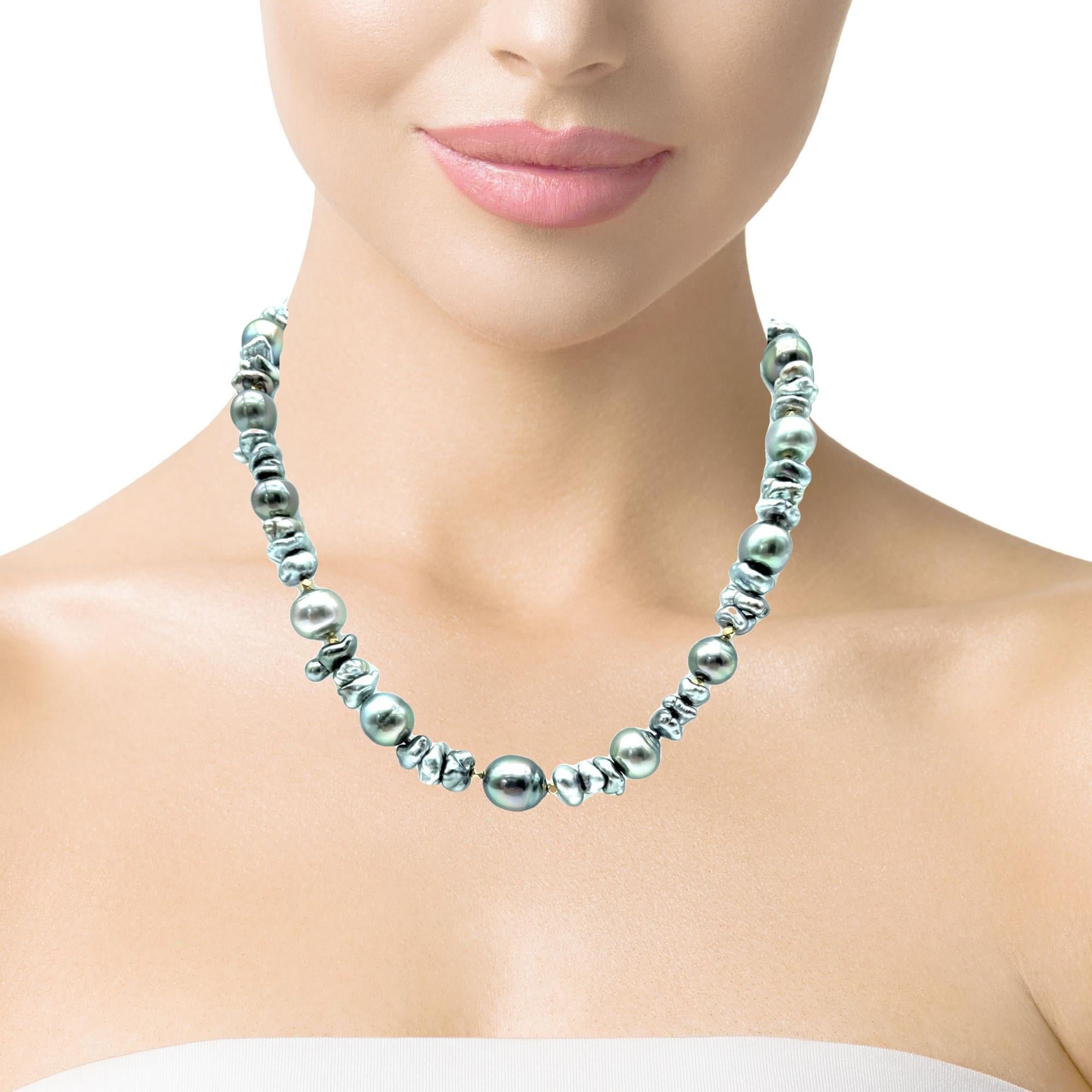 Women's or Men's Keshi and Baroque Black Pearl Necklace with 18k Yellow Gold Accents For Sale