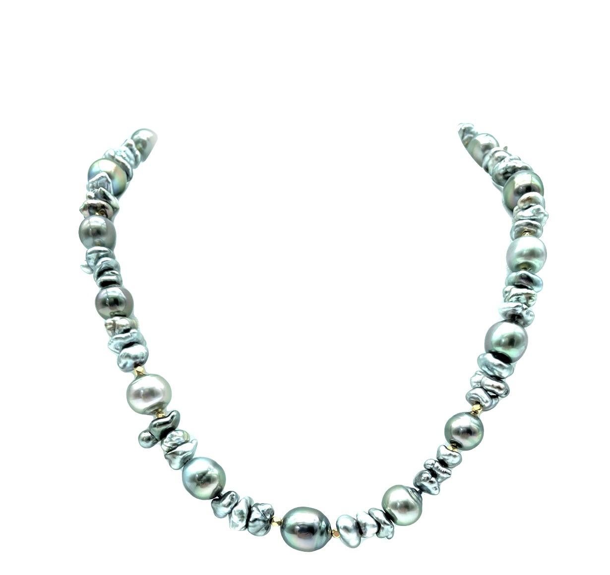 Keshi and Baroque Black Pearl Necklace with 18k Yellow Gold Accents For Sale 1
