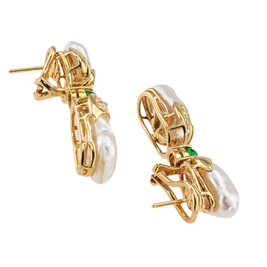 Contemporary Keshi Cultured Pearl Diamond Emerald Gold Drop Earrings
